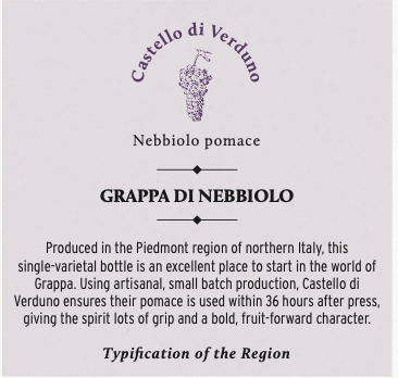 Wine label for Castello di Verduno Nebbiolo Pomace, featuring a grape illustration and information about its production in Piedmont, Italy.