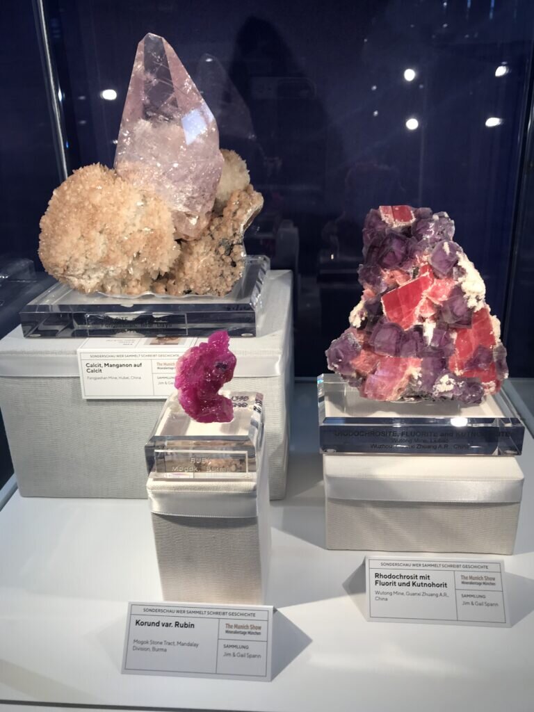 Jim and Gail Spann stocked special display cases. This Rhodo/Fluorite is our favorite thing to come the Wuton Mine
