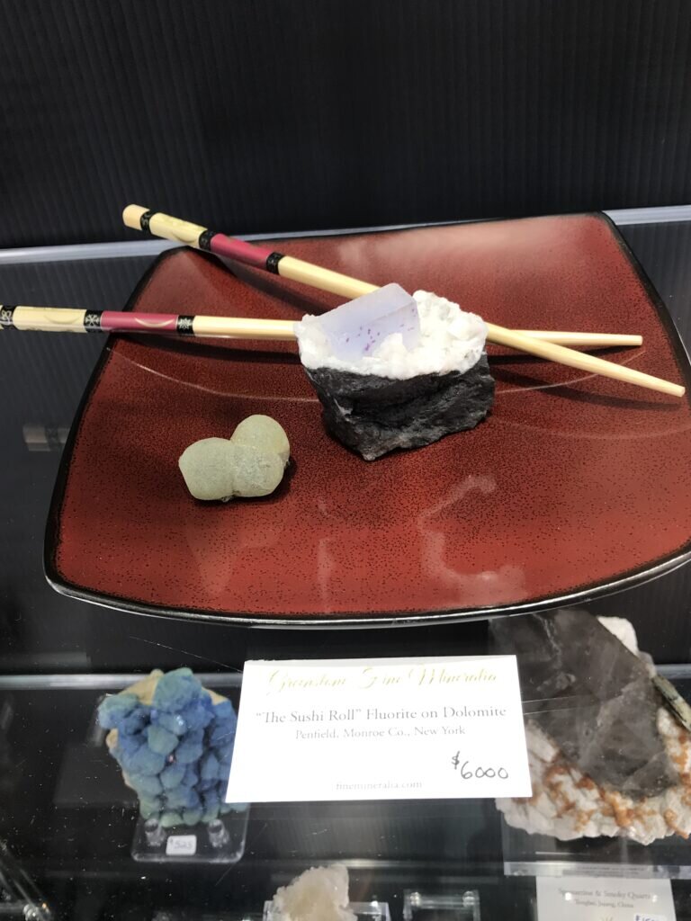 Lovely display of the sushi roll Fluorite with Prehnite wasabi from Greenstone Fine Minerals