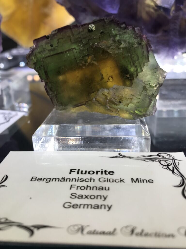 Very unusual green over yellow core Fluorite from Germany in Jordan’s booth