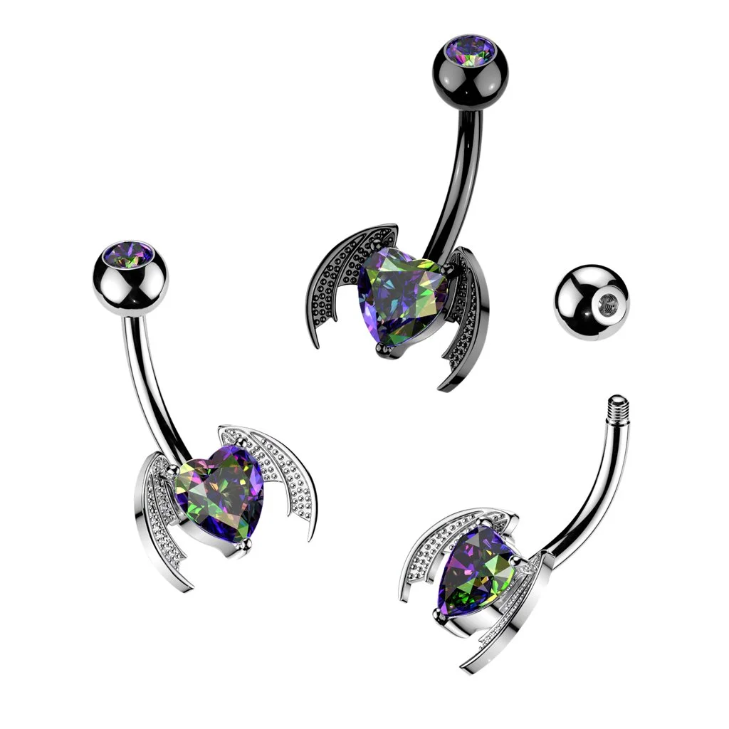 Heart-Cut Gemstone Winged Navel Barbell