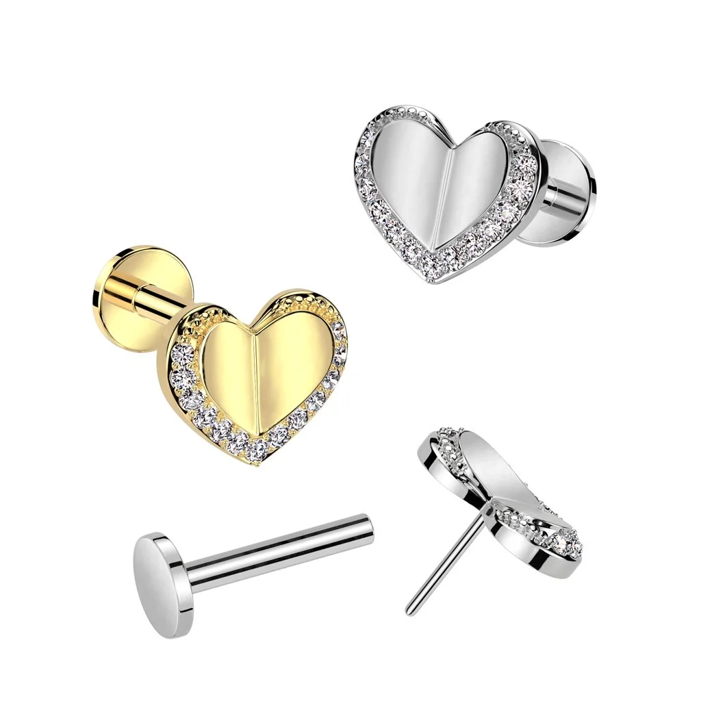Elegant Heart CZ Threadless Flatback Earrings