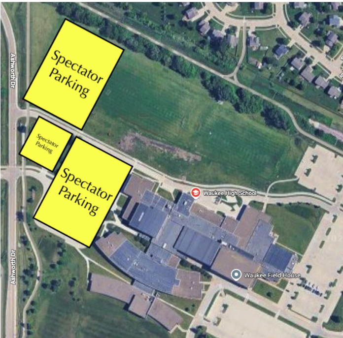 Map of Waukee High School with spectator areas on the west side of the school, east of Ashworth Drive.