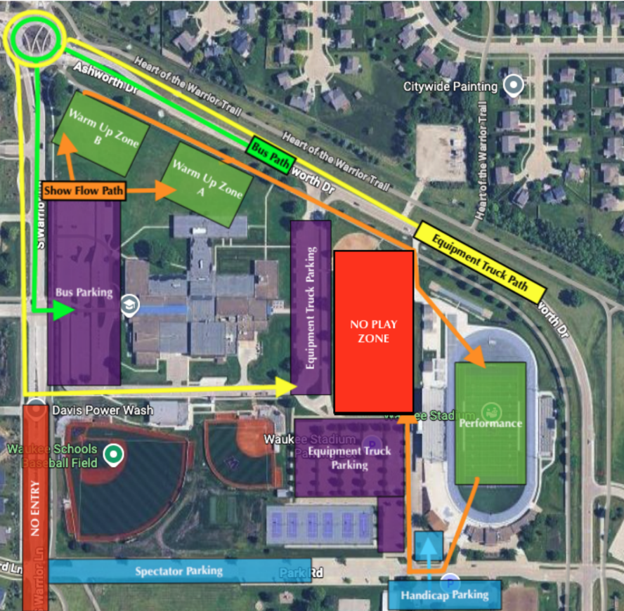 Band parking and show flow map advising drivers to enter the parking areas via the roundabout on Warrior Lane due to construction south of the baseball fields.  Handicap Parking is available immediately south of the stadium.