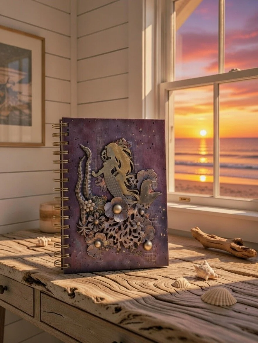 Decorative notebook with a seahorse and floral design on a wooden table inside a beach house, with a sunset view through the window.