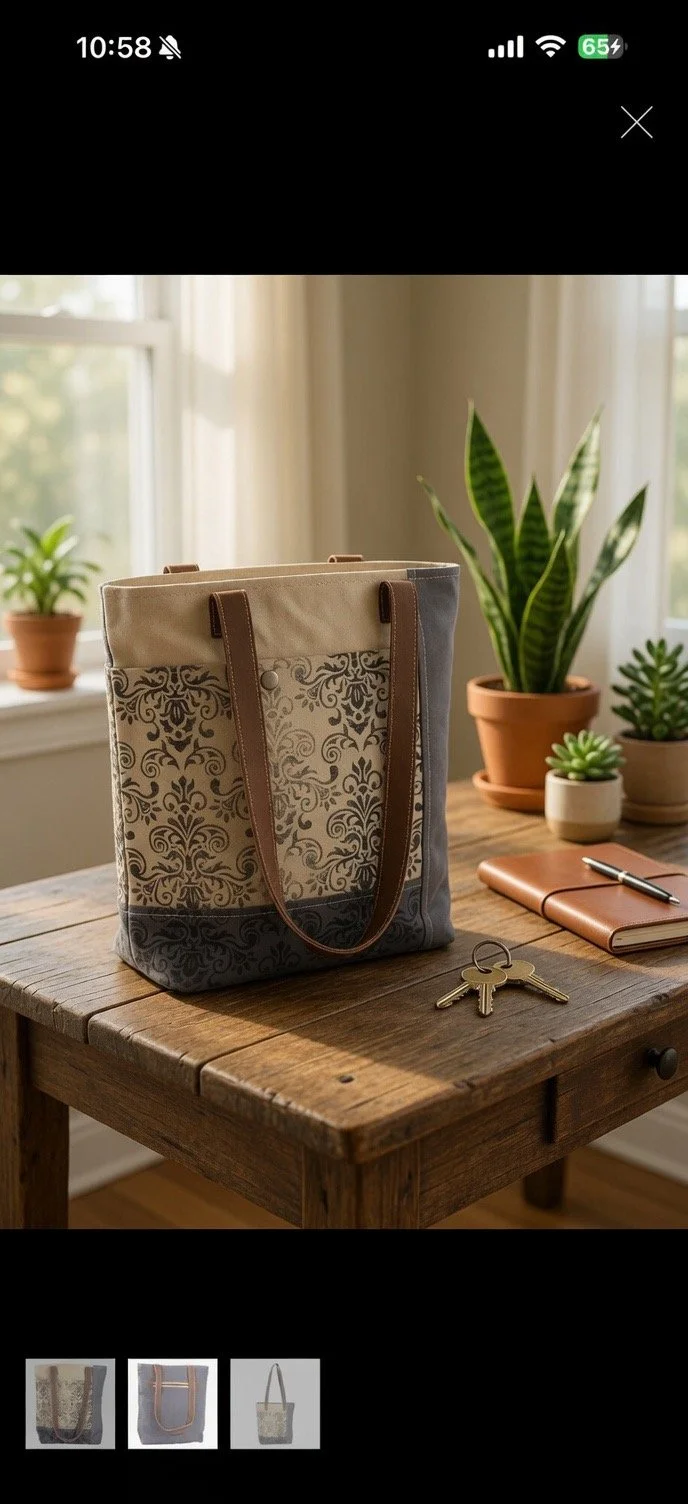 Grey & Tan Floral Tote Bag
