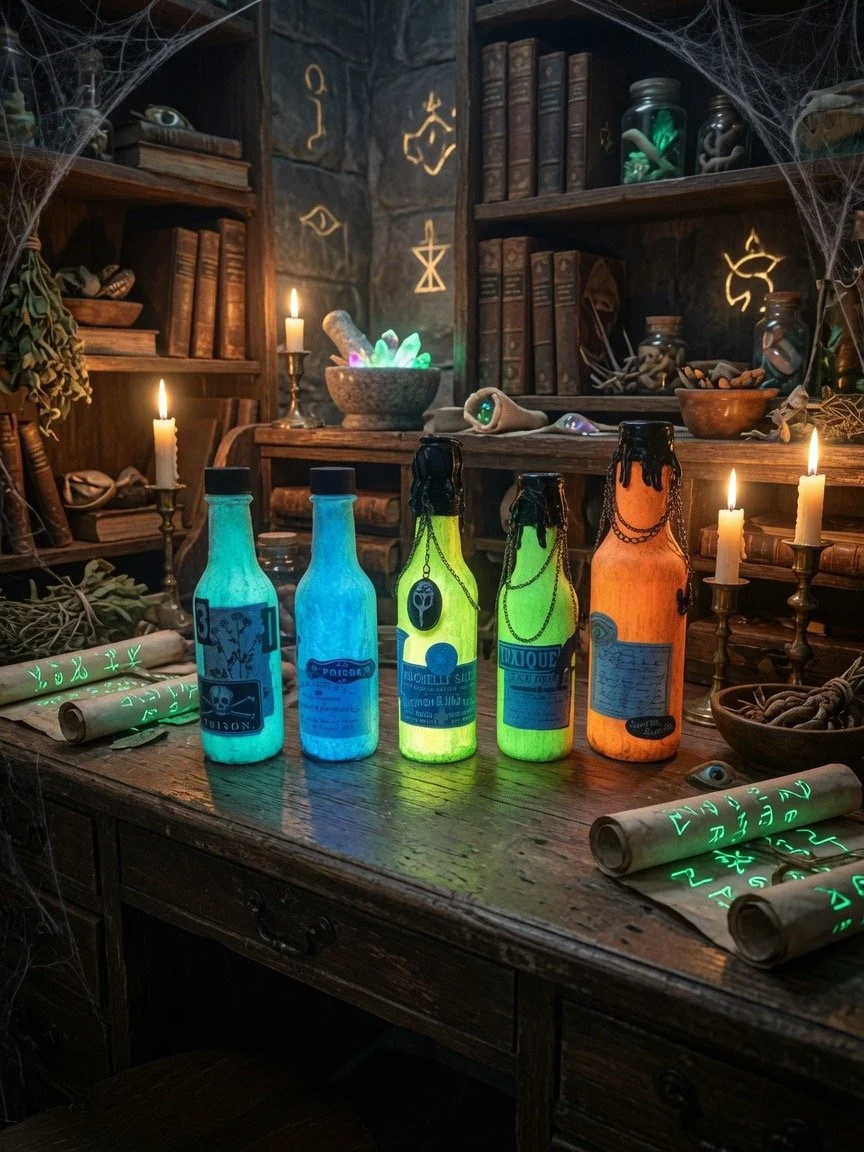 A wooden table with colorful bottles glowing in blue, green, and orange, surrounded by scrolls with glowing green symbols, candles, and various mystical items in a dimly lit room with stone walls and shelves filled with books, jars, and artifacts, creating a witchcraft or potion-making laboratory ambiance.