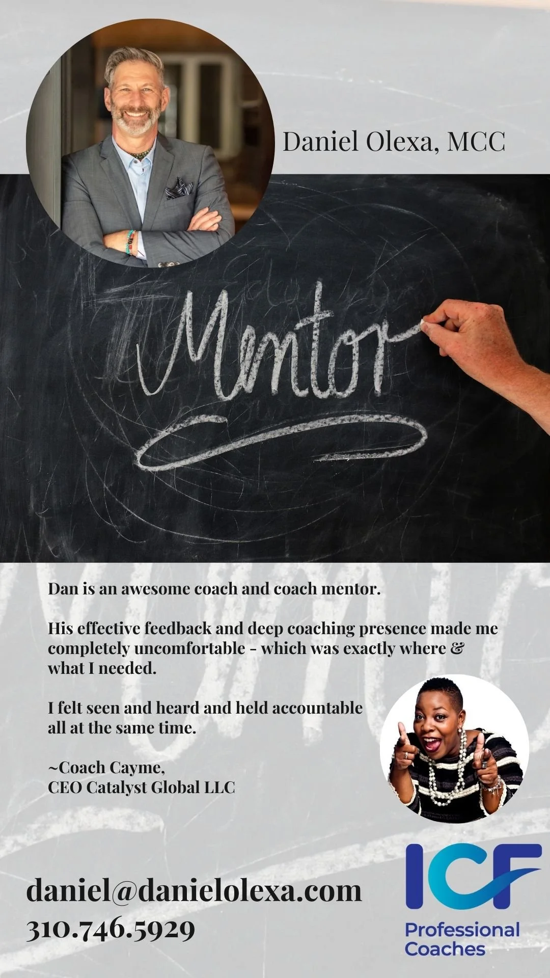 ICF mentoring testimonial for Daniel Olexa from coach Cayme Andrea