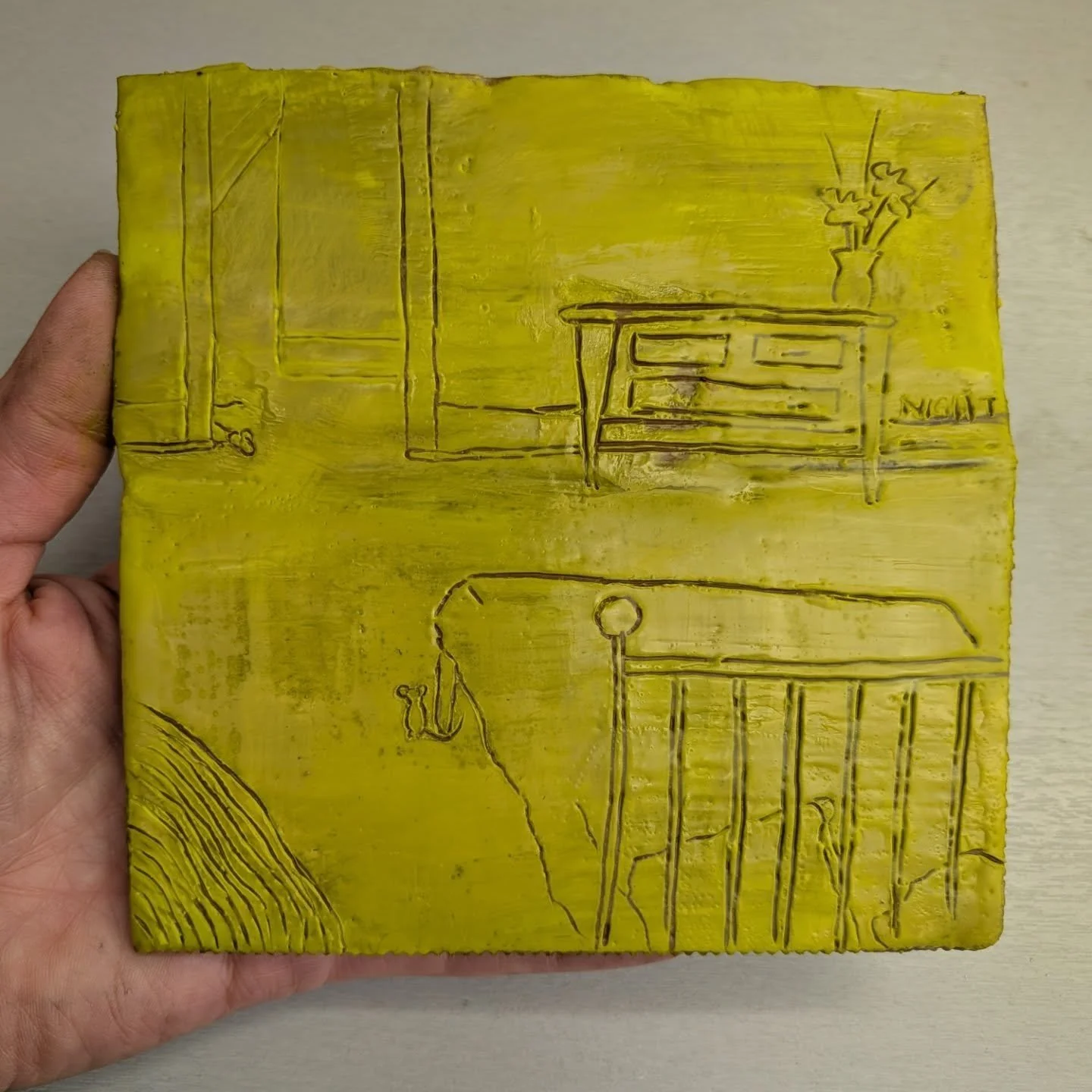 Fun with cardboard substrates for the encaustic class I instruct today. I made three fun and different samples (little nice in room, Halloween cat, and tired robot) and loved watching the student's ideas!