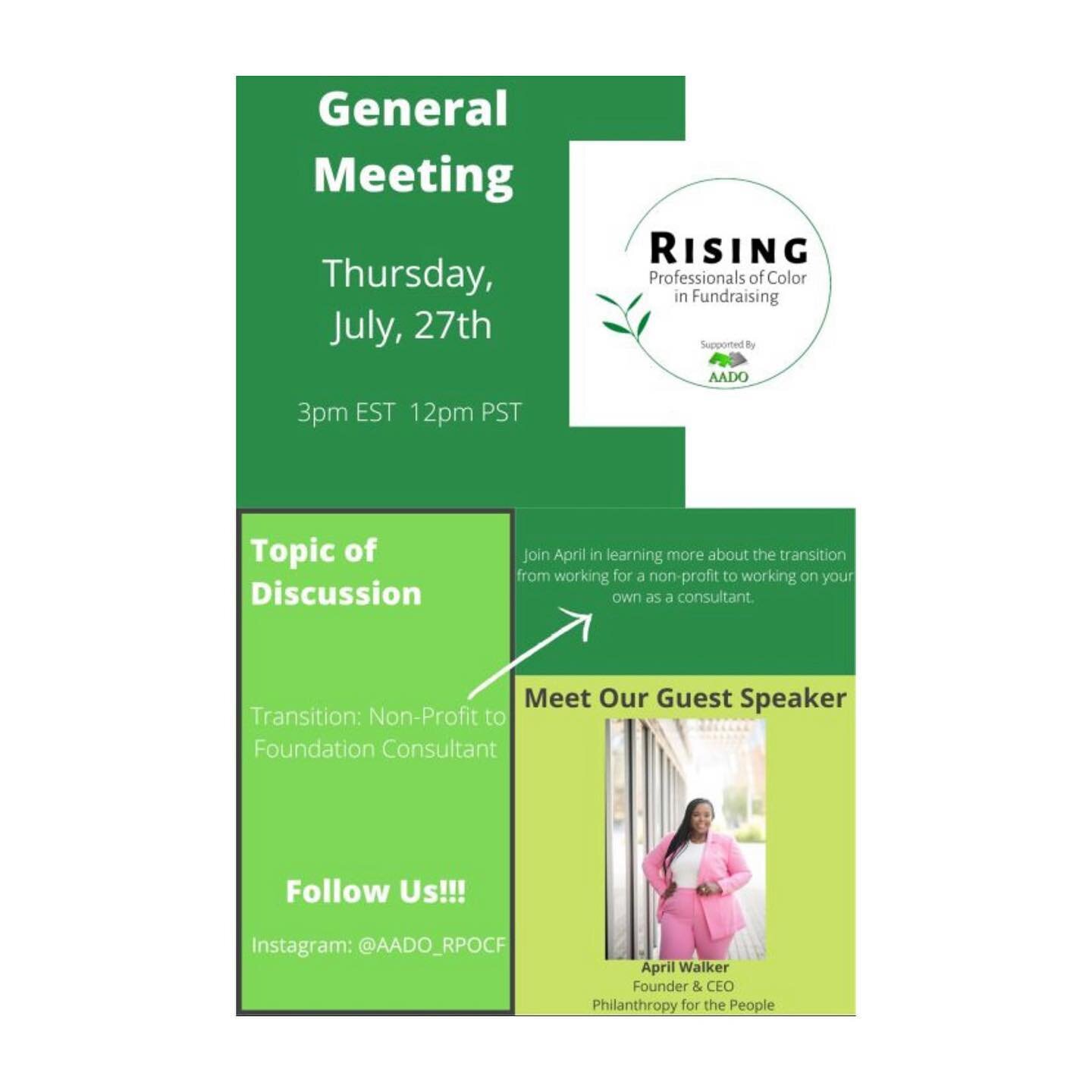 This Thursday I will join the Rising Professionals of Color in Fundraising as a guest speaker! Come join me virtually at their general meeting as we discuss the transition from non-profit to foundation consulting.

If you&rsquo;re interested in atten