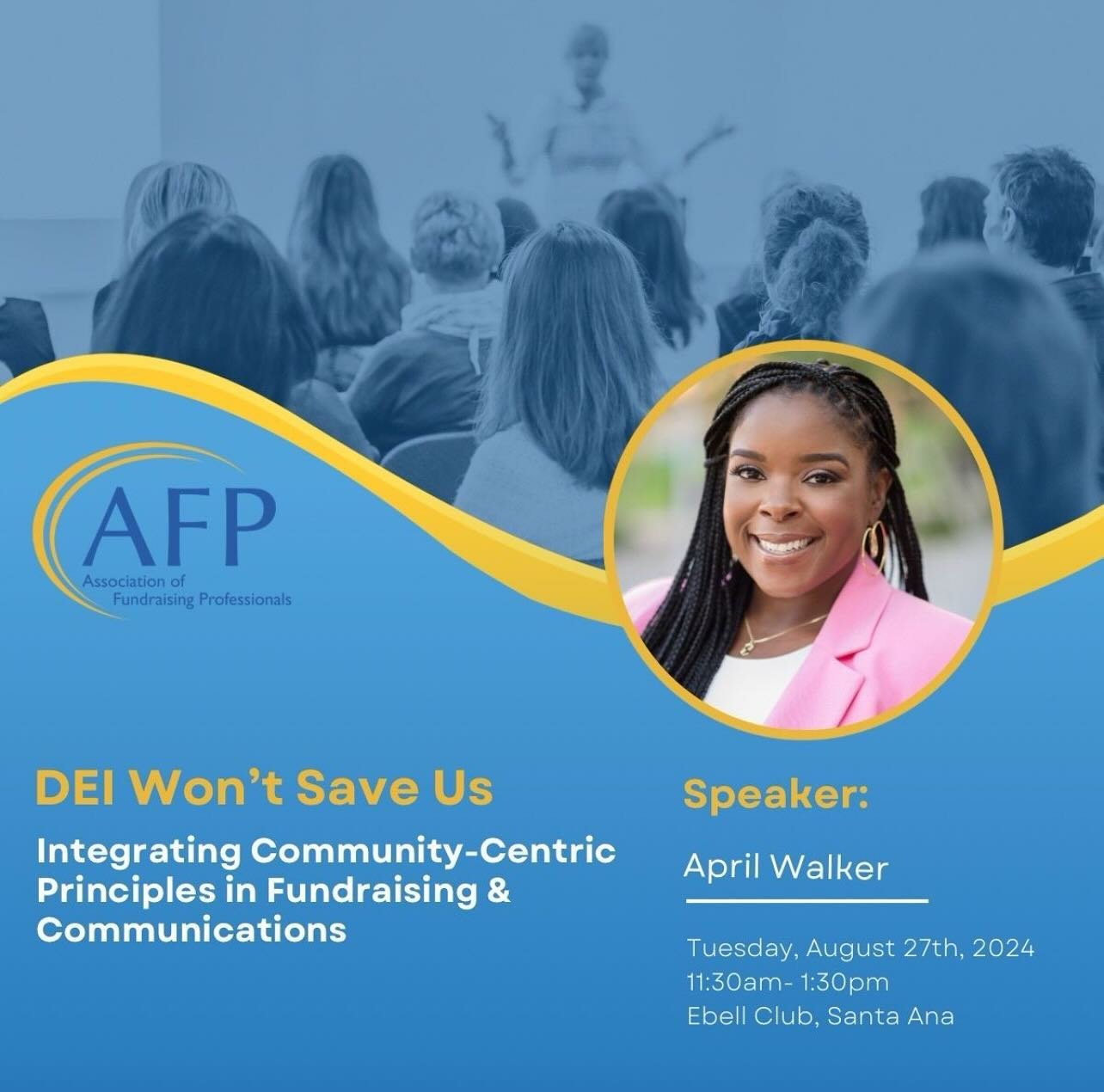 Calling all of my California friends! 

Join me in Orange County on Tuesday, August 27, at 12:30 p.m. to disrupt traditional fundraising by centering communities and lived experiences. And guess what? Conversations, meetings, and committees on DEI ar