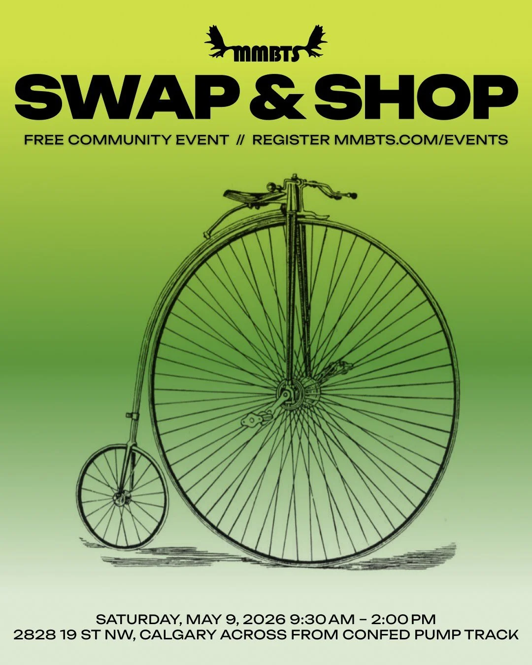 This Saturday. Free. 
May 9 | 10am - 2pm
Holy Cross Anglican Church Parking Lot, NW Calgary

Sell your stuff. Find a deal. Lap the pump track. 
Unsold gear can be donated to @twowheelviewyyc
Register to attend + more details: mmbts.com/events

&ndash