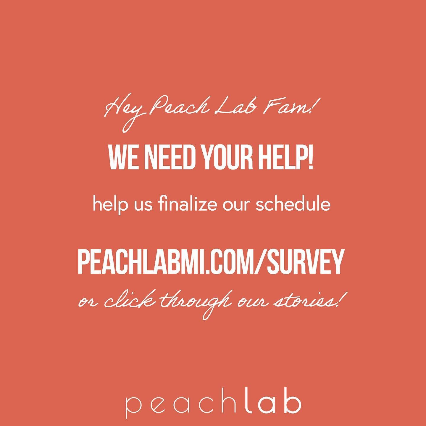 Hello! We&rsquo;re finalizing our schedule and would appreciate your help figuring out our schedule! You have three options to help us out:

1. Type peachlabmi.com/survey into your browser and fill out the two-question survey; 
2. Click the link in b