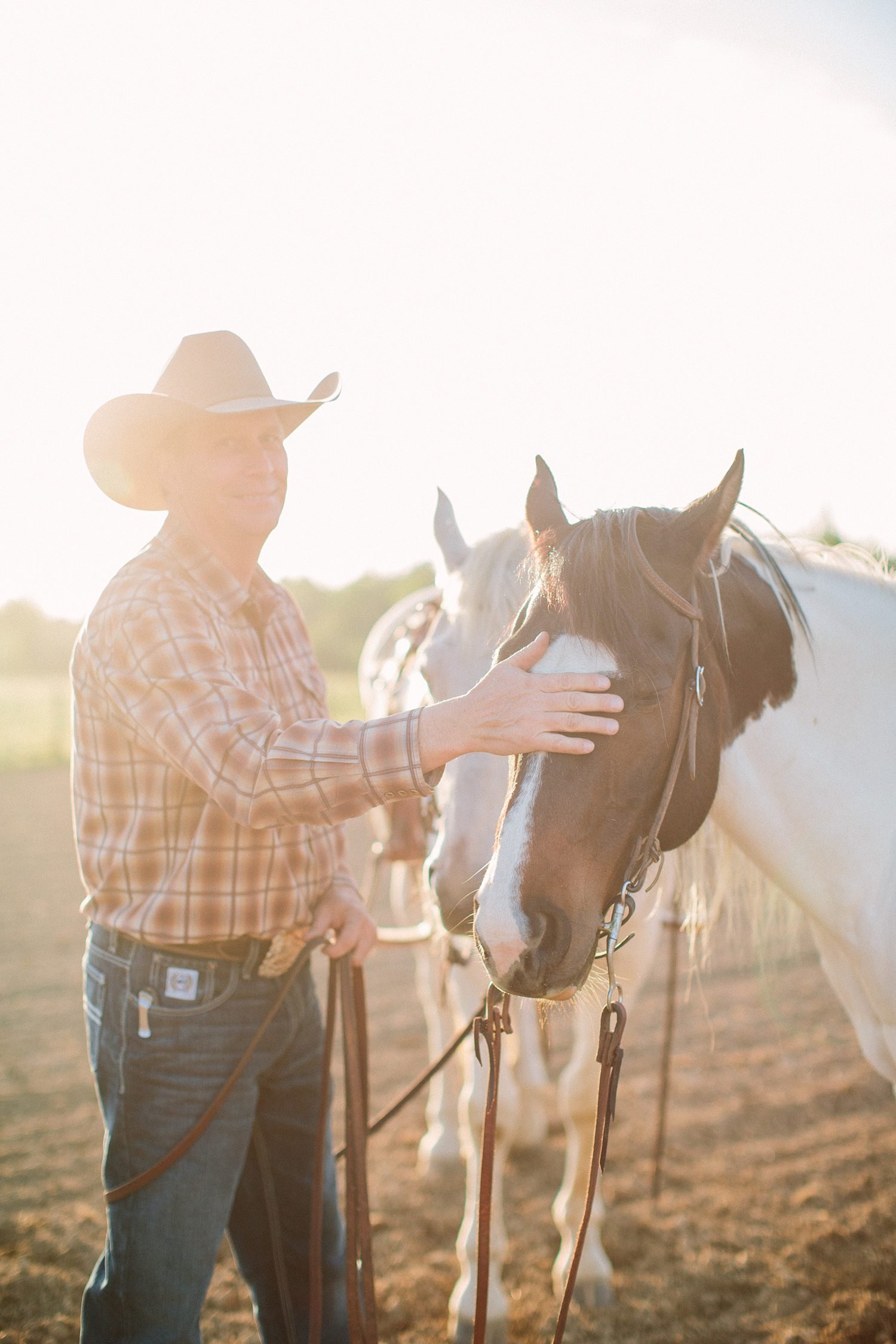 cowboy backlit petting horse