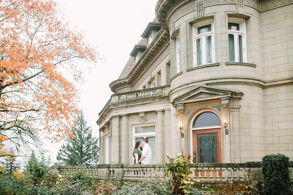 Pittock Mansion with pre wedding couple