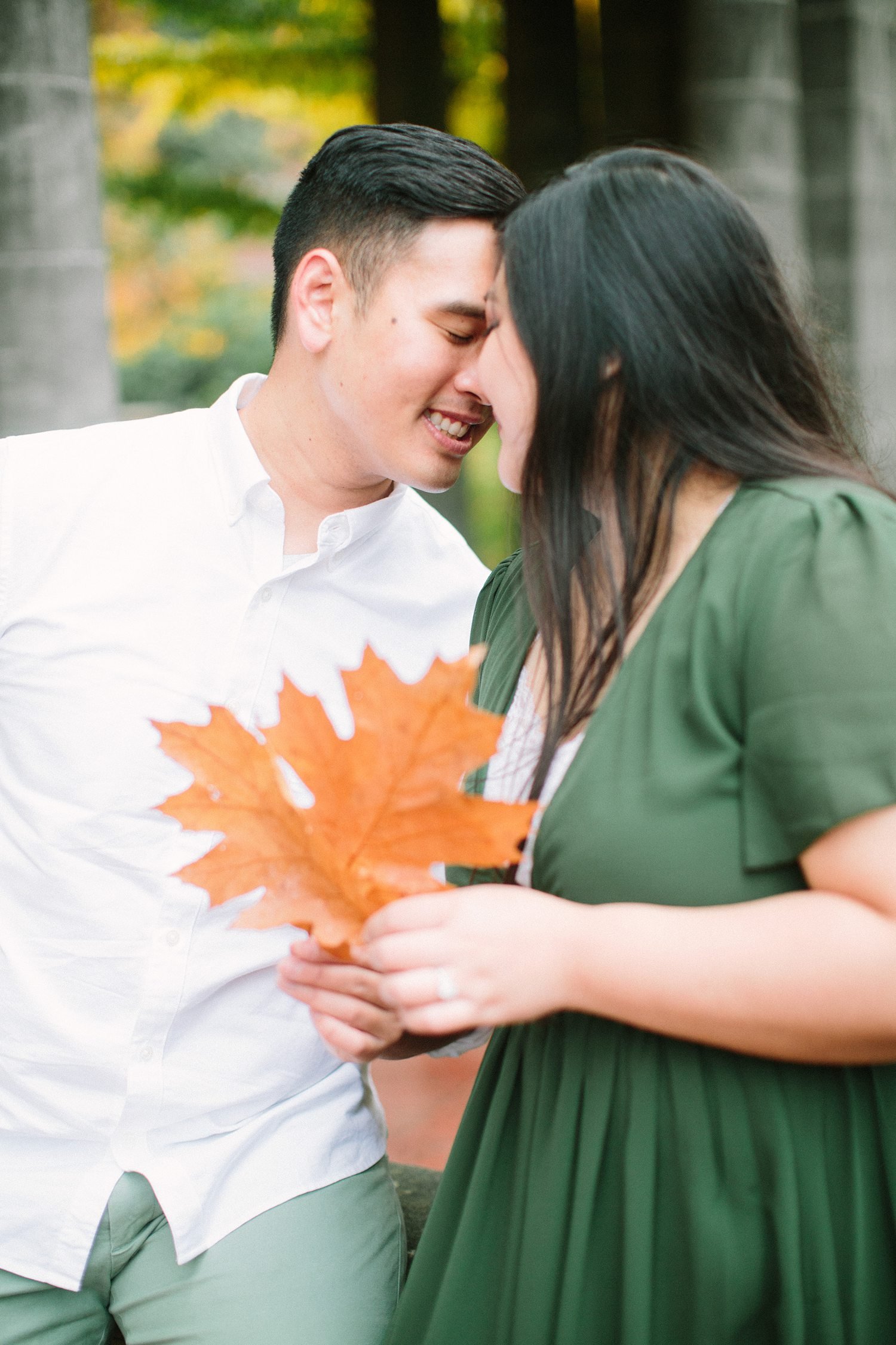 close up of engagement session with big leaf