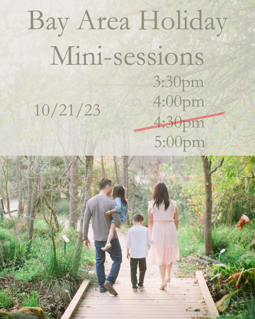 We are headed back to the Bay Area this October and will hosting a mini-session day on October 21st. Only 3 spots left! DM or email us for more details. 

Mini sessions include 
20 Minutes
20 photos
