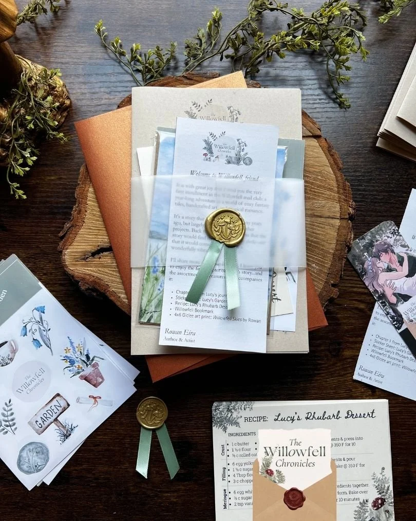 A photo of a mail packet with stickers, a chapter, illustrations, and more.
