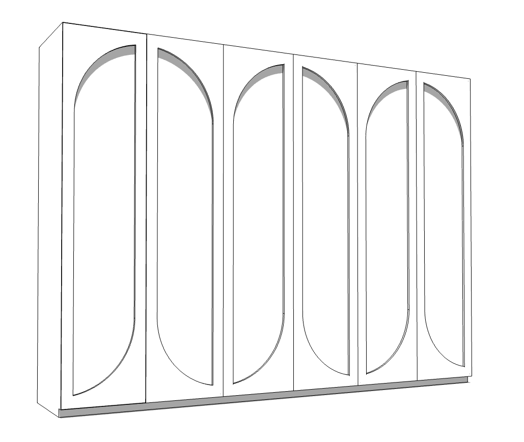 3D model of a wardrobe with four doors, each with a rounded arch design, in grayscale.