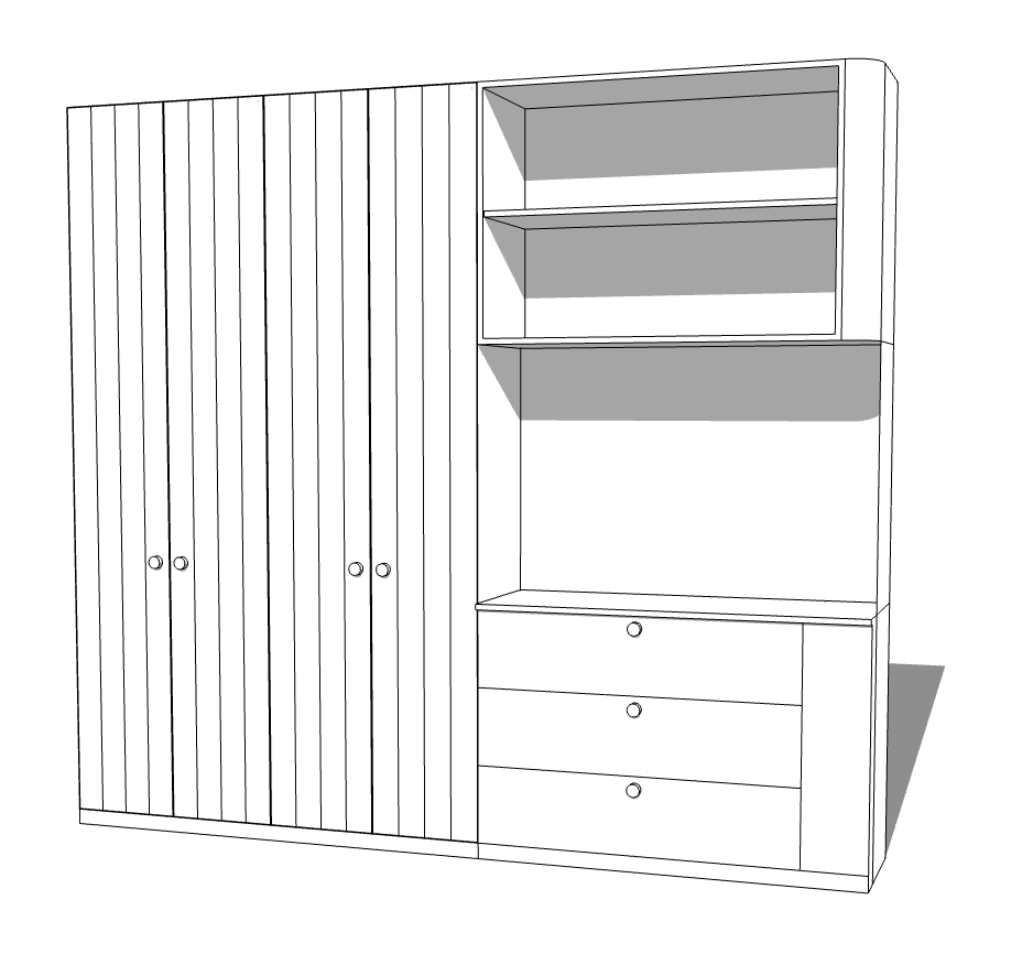 Black and white line drawing of a large wardrobe with three sections. The left section has three vertical-slatted doors, the middle has a smaller section with three drawers, and the upper right has two open shelves.
