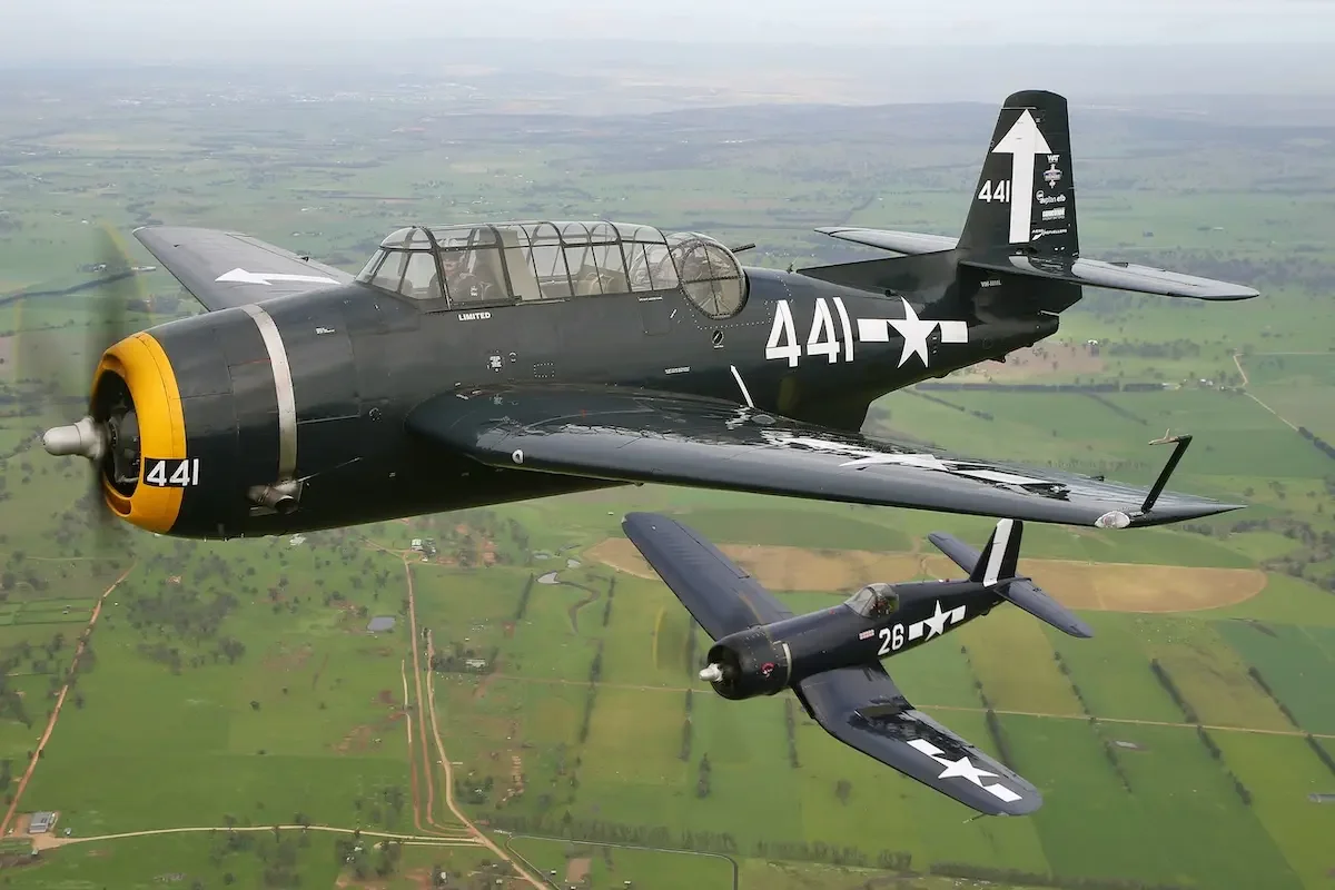 Grumman Avenger and F4U-1D Corsair over the Upper Hunter