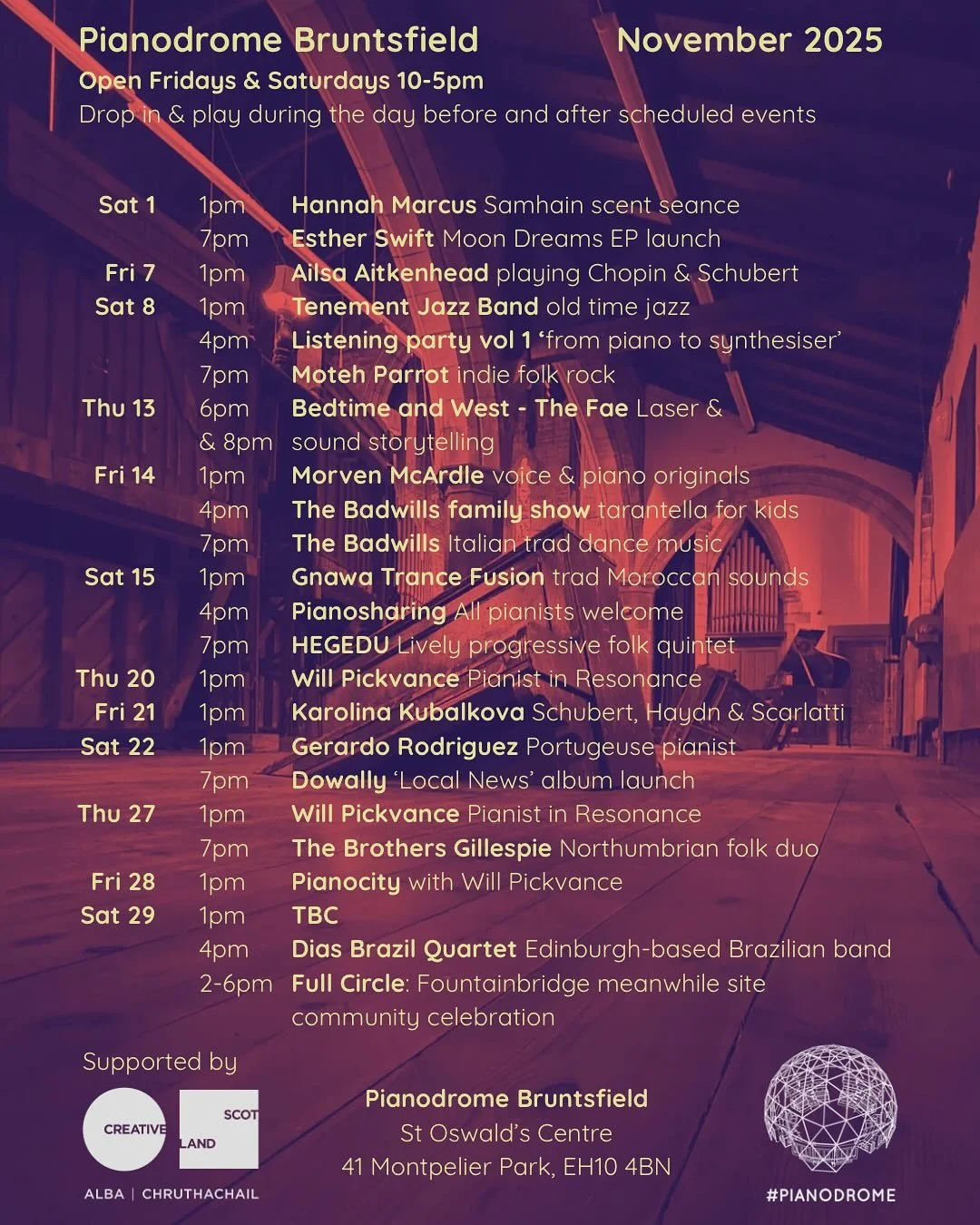 Wow!! We are so proud of our November line up for #pianodrome Bruntsfield&hellip; have a browse and book your tickets on the what&rsquo;s on page of our website!

Just this week we host @morvenmcardle_ @gnawa.trance.fusion @bedtimeandwest @thebadwill