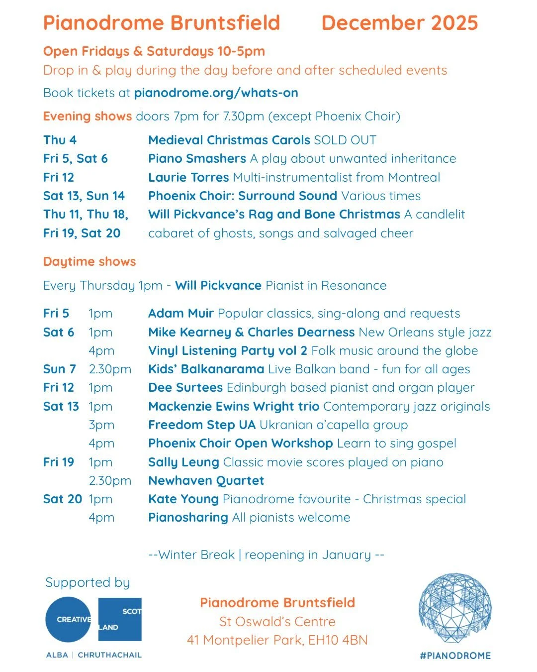 We have a very exciting December in store at Pianodrome Bruntsfield. Tickets selling fast so get in quick!!

Crowdfunder has reached 25% - help us raise the rest!!

#pianodrome #keepmusiclive #edinburghmusic