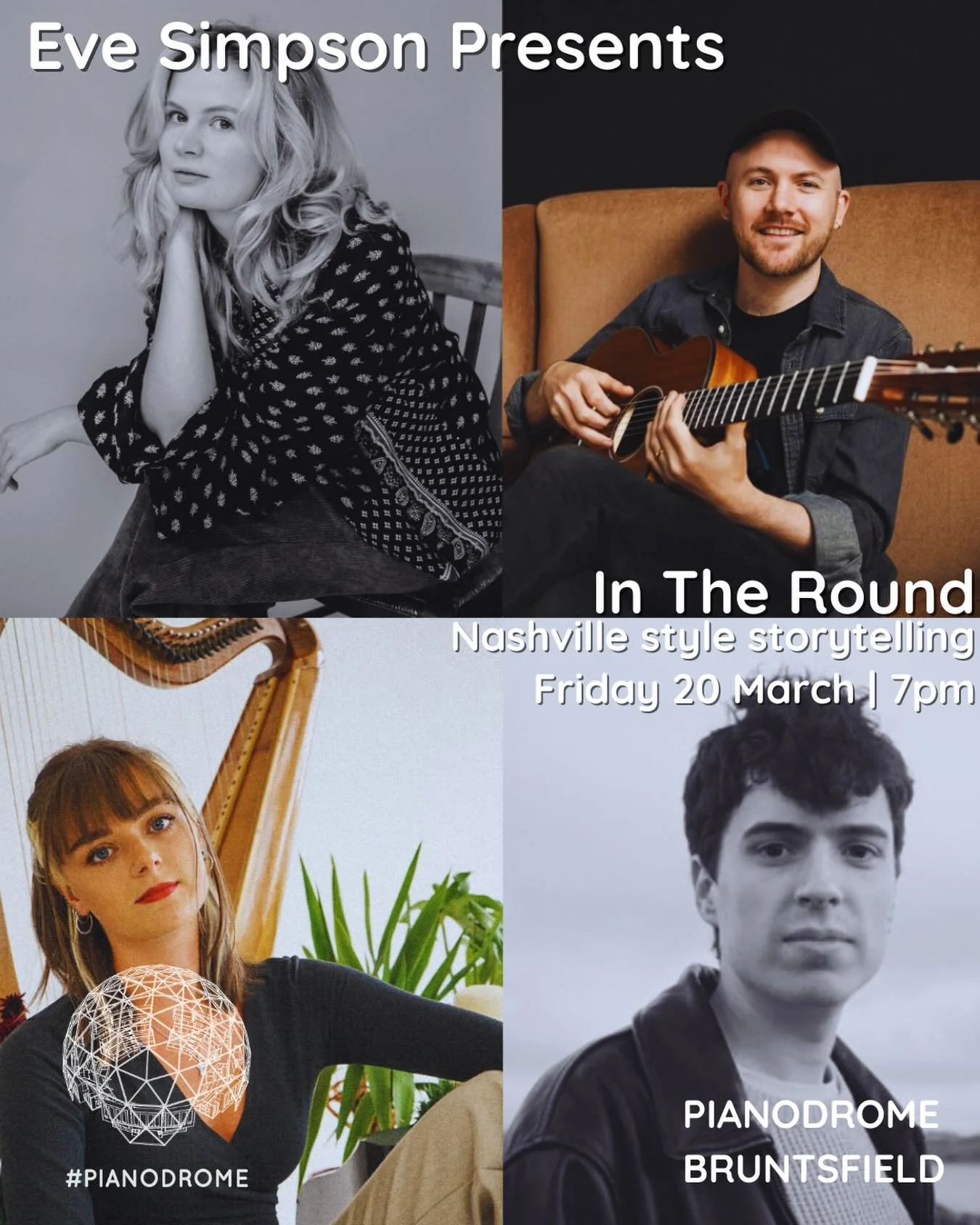 Eve Simpson presents a Nashville style songwriters round this Friday at 7pm, featuring some of our local excellent songwriters @mikemckenzieonline @lewismclaughlinmusic @daraplaysharp and of course @eve_simpson 

Come along to have your souls soothed
