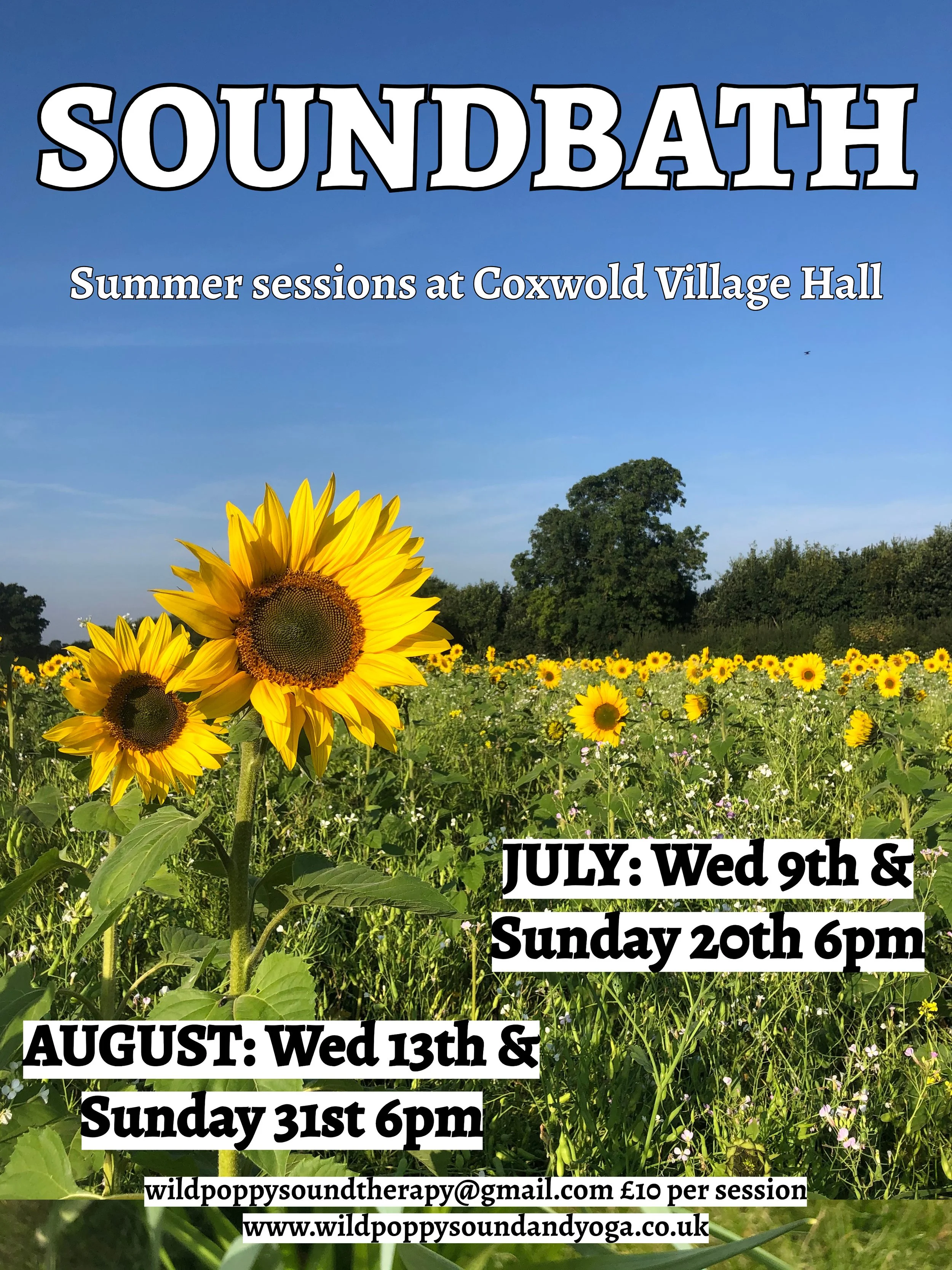 Poster advertising outdoor soundbath sessions during summer at Coxwold Village Hall, featuring a field of sunflowers under a blue sky.