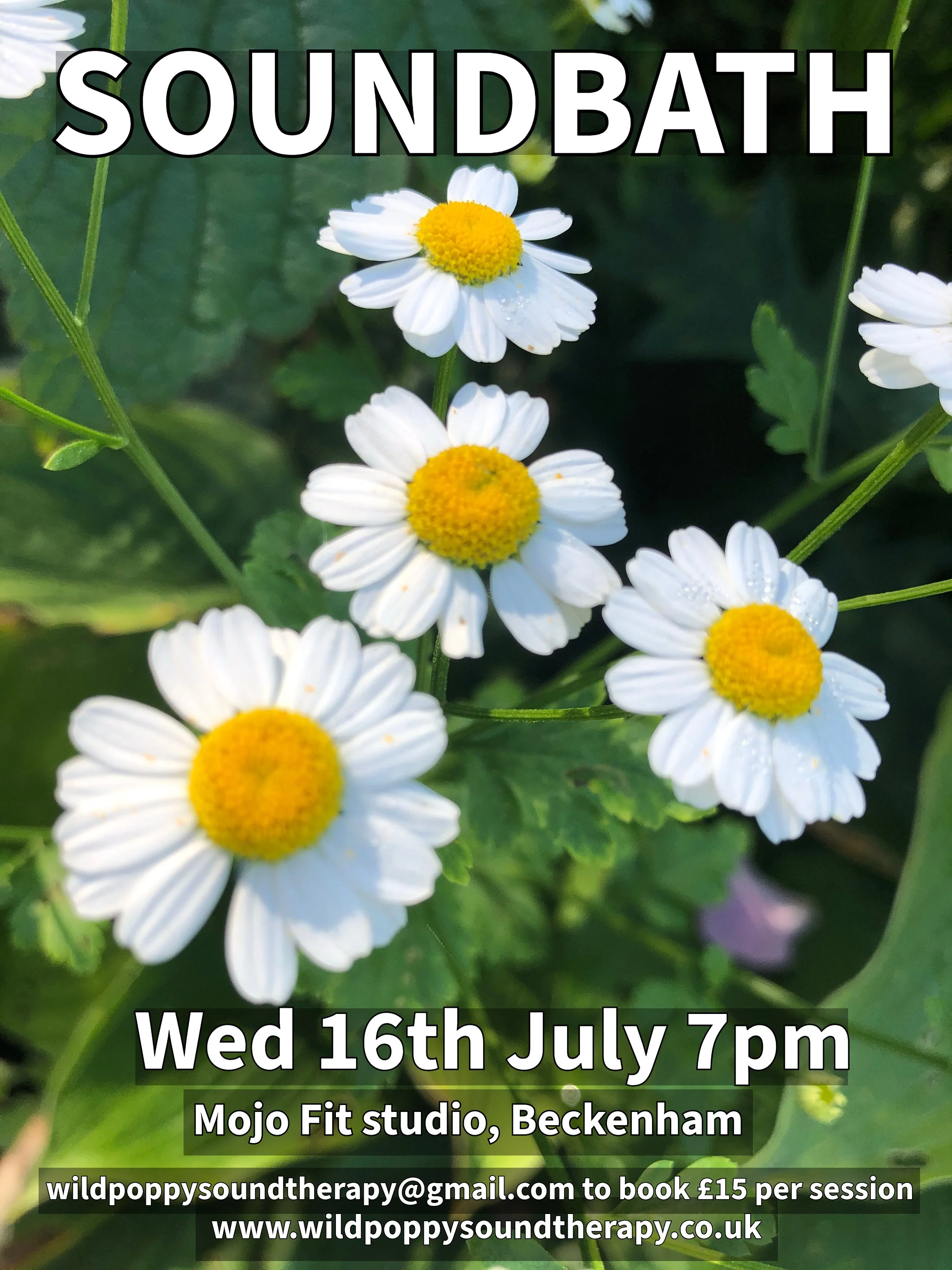 A promotional poster for a soundbath event featuring a close-up image of white daisies with yellow centers, set against green foliage.