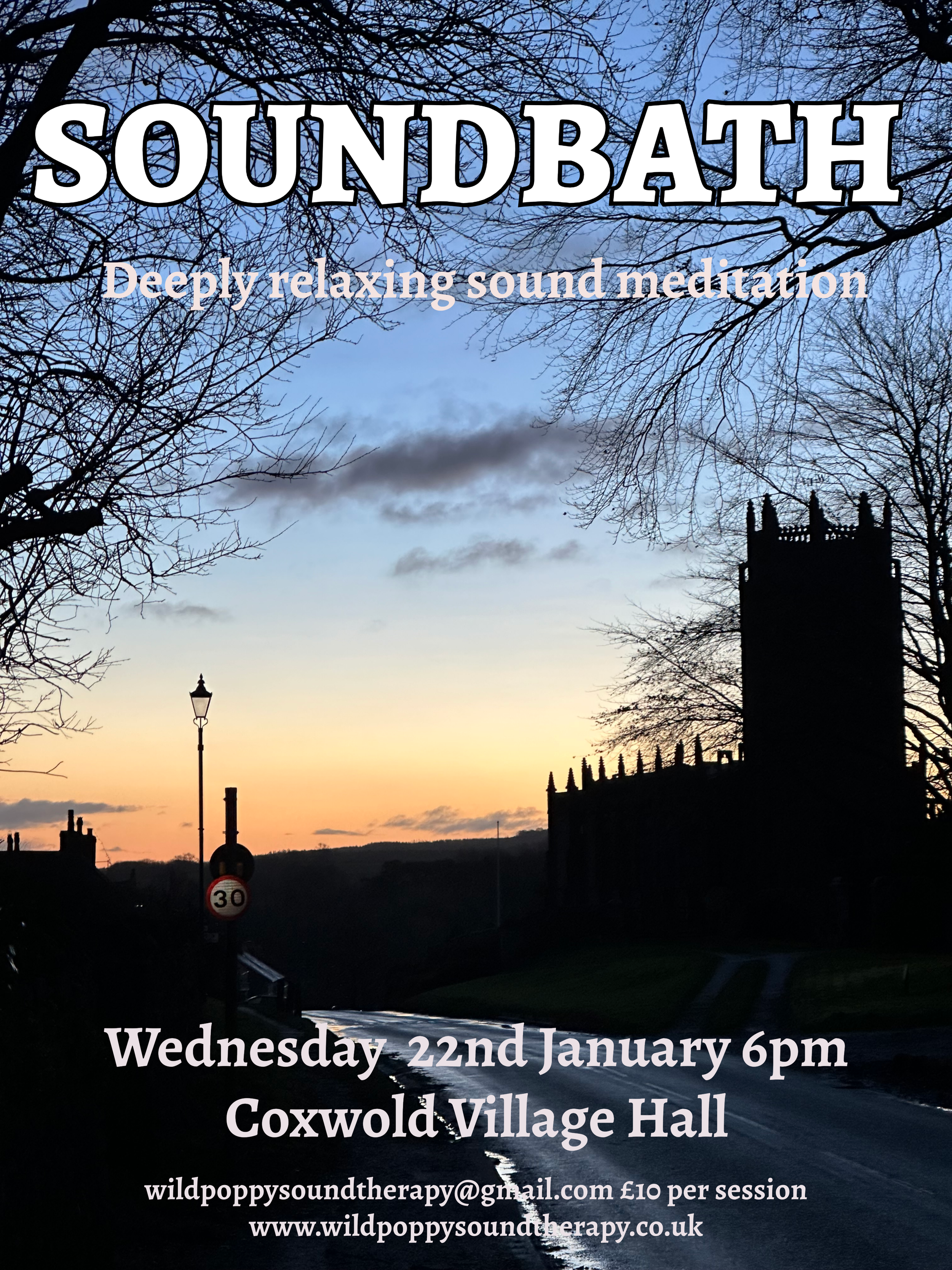 Silhouette of a church tower and leafless trees against a sunset sky with a winding road in foreground, advertising a soundbath event.