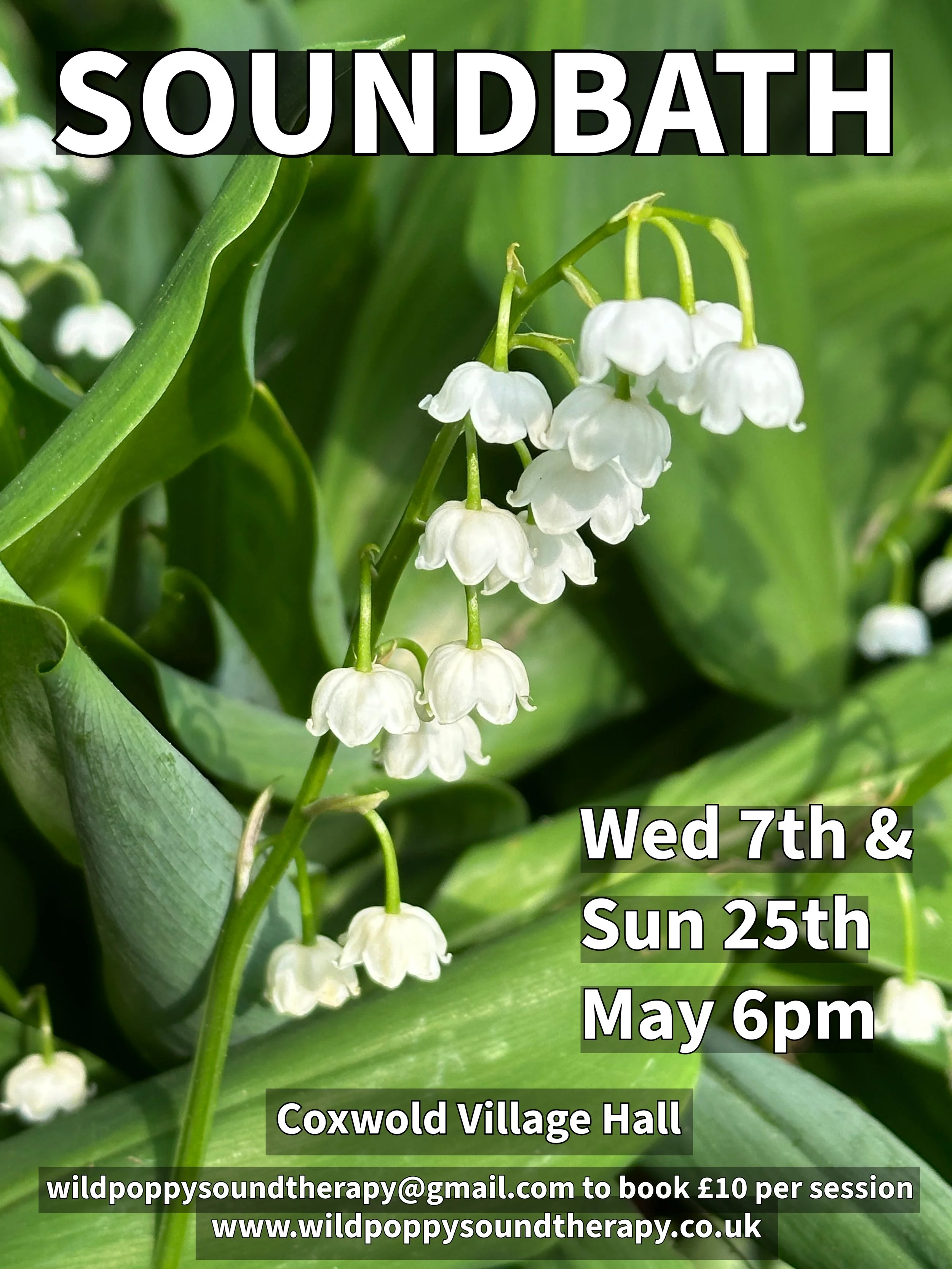 Close-up of lily of the valley flowers with green leaves Background promoting soundbath event details