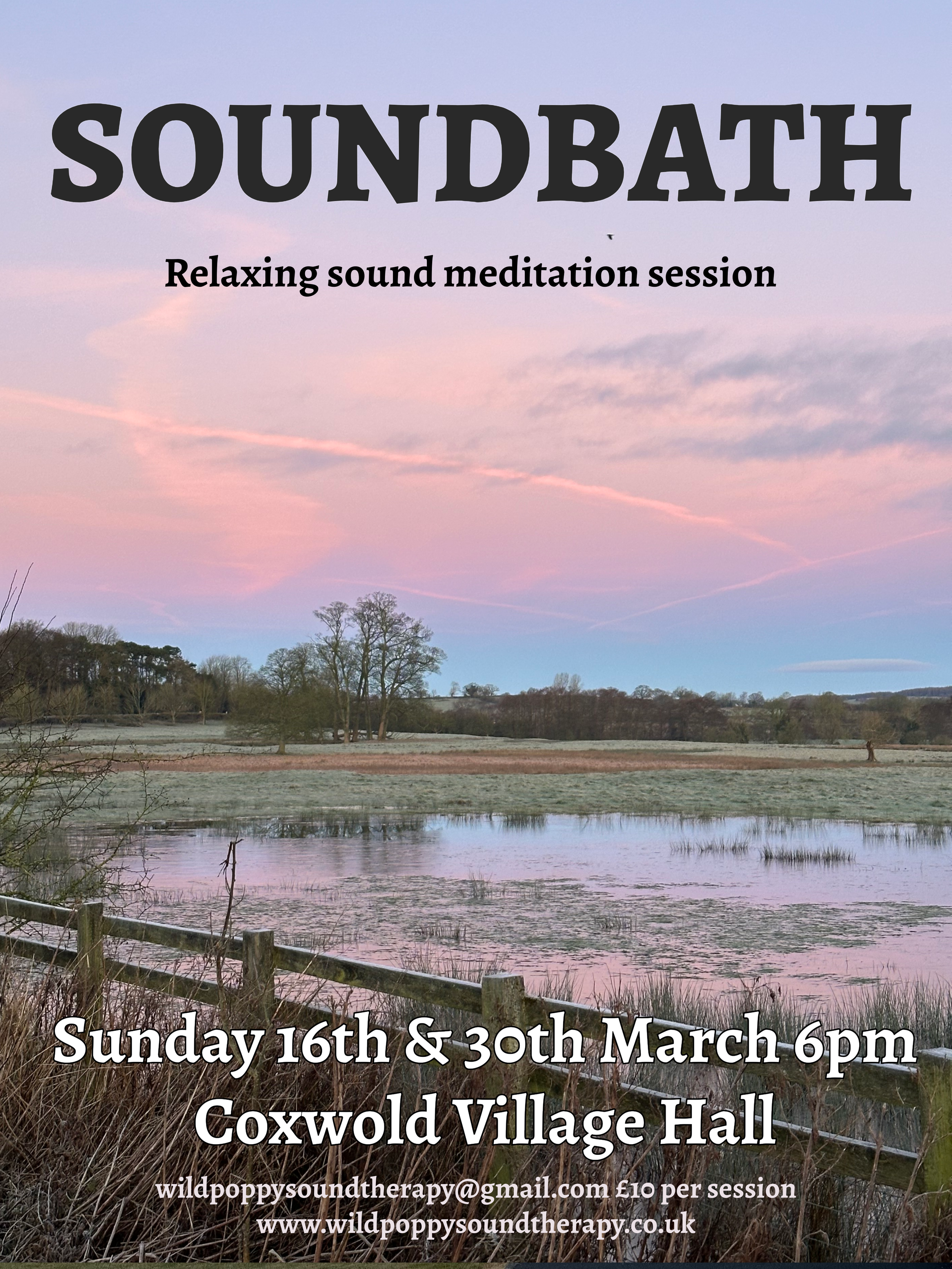 A promotional poster for a relaxing sound meditation session called SOUNDBATH, featuring a serene landscape with a pond, trees, and a colorful sky at sunset or dawn.