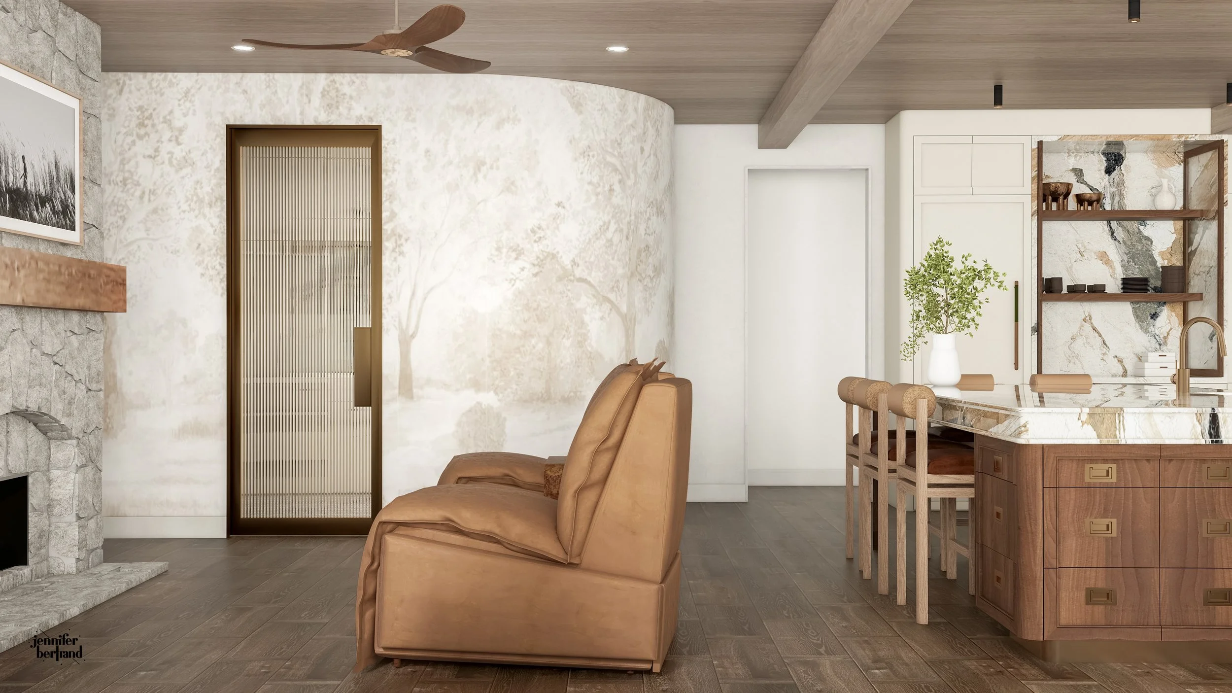 3D rendering of an open living and kitchen space with curved mural wall and stone fireplace 