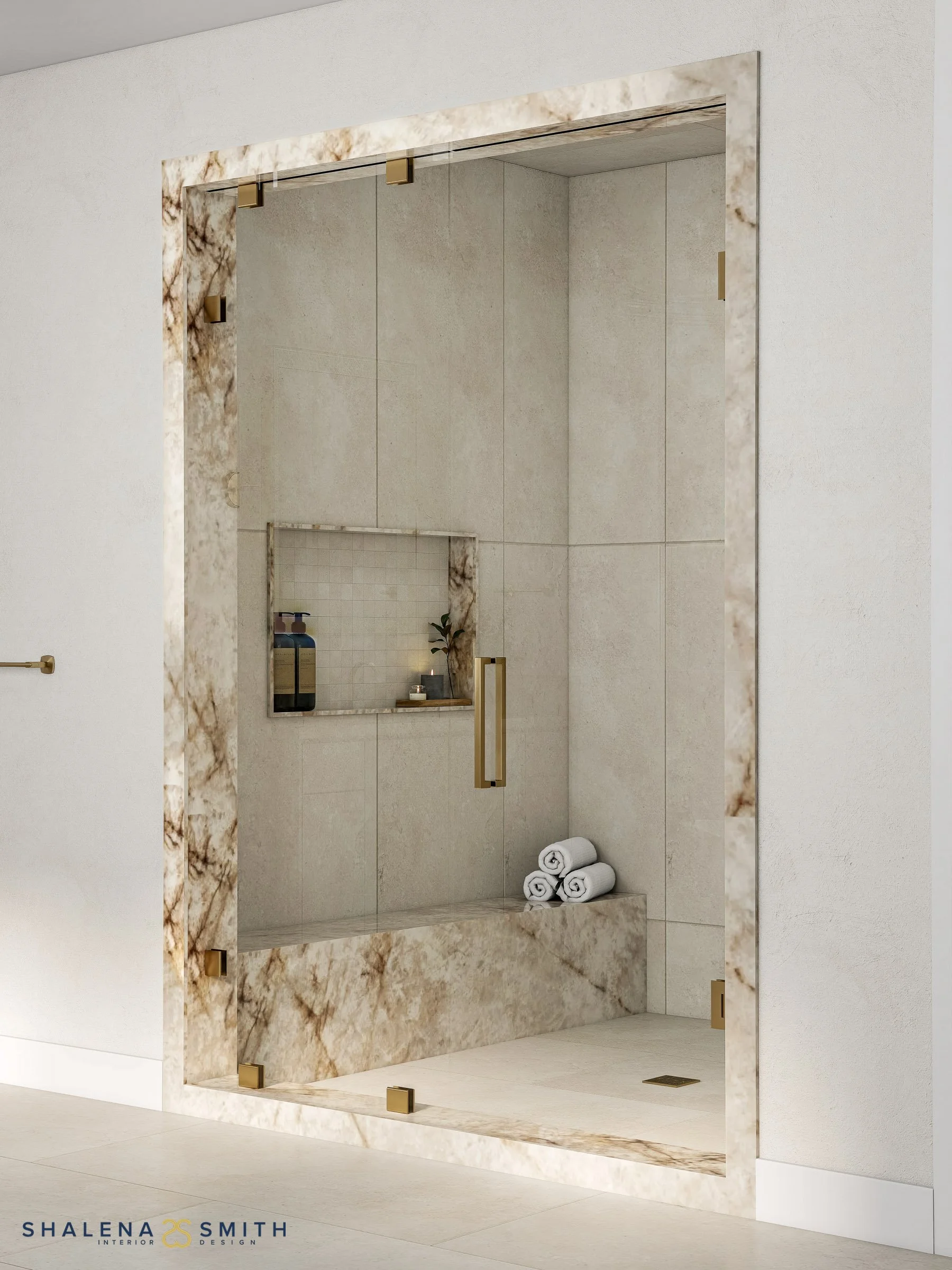 3D rendering of a quartzite-framed shower with a built-in bench, niche and brass glass hardware