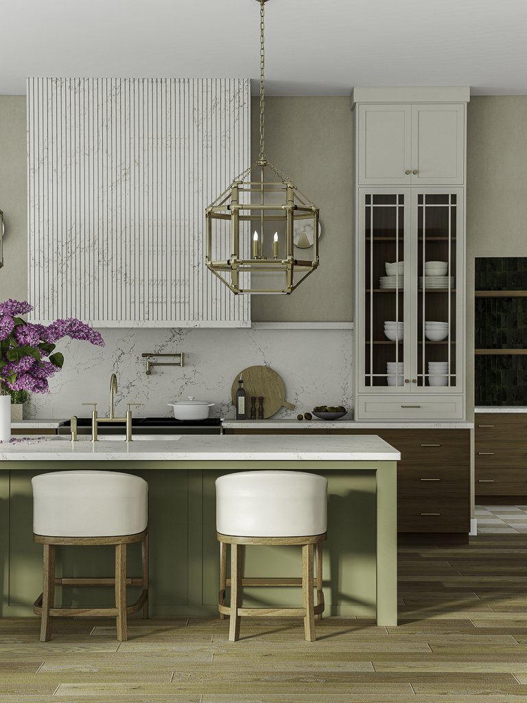 Detail view of 3D kitchen rendering showing marble range hood, glass-front cabinetry, and brass pendant