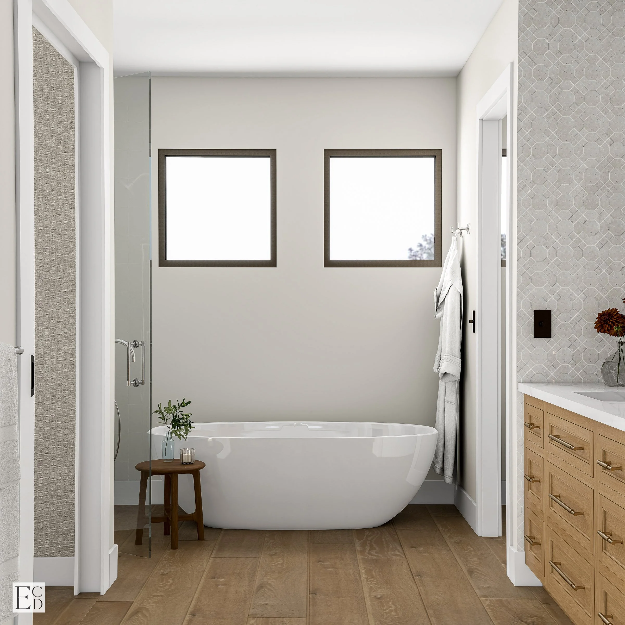 The tub is set into its own alcove under paired windows, shower on one side and vanity on the other.