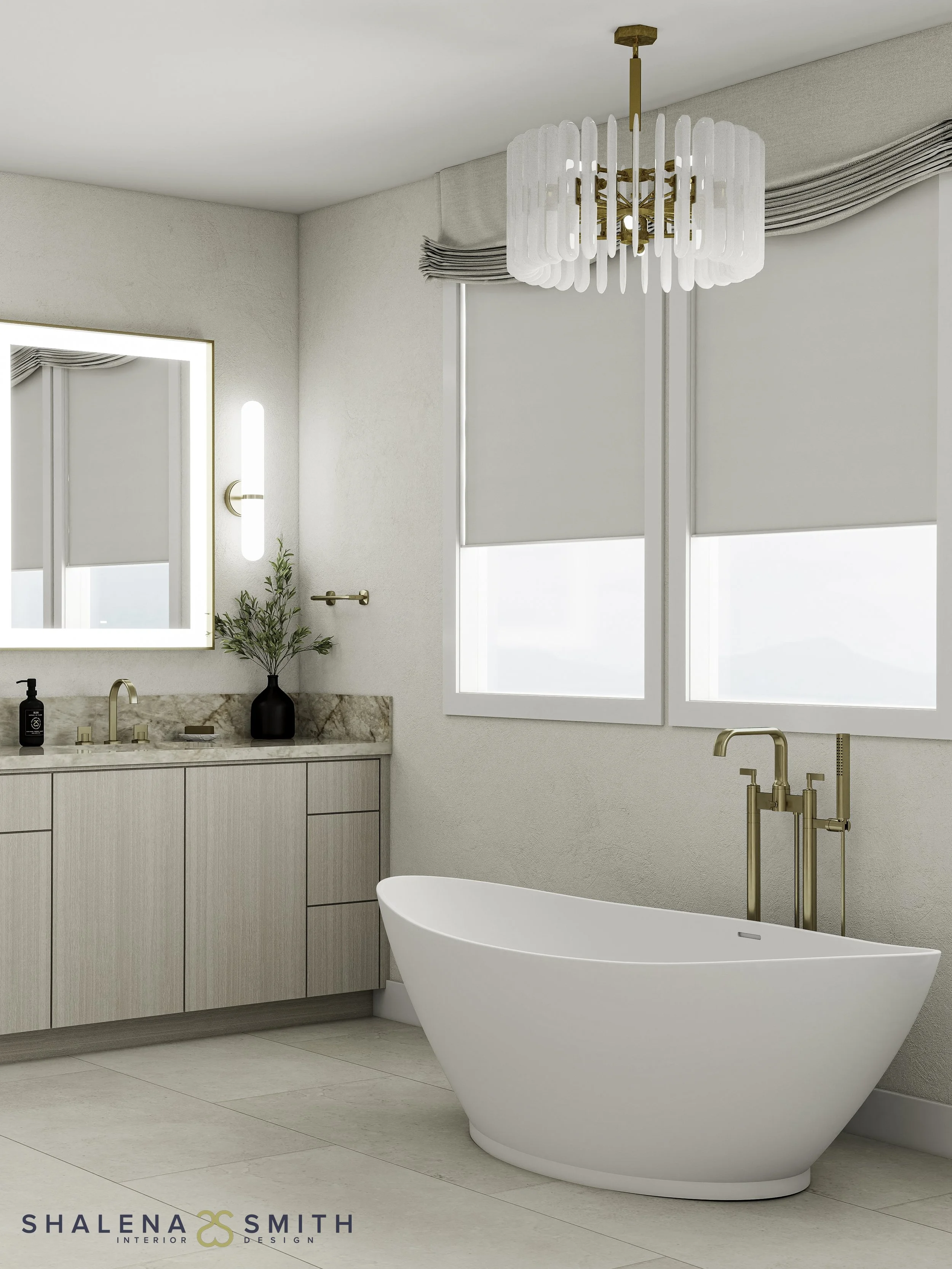 3D rendering of a freestanding tub with a brass floor-mount filler beneath a frosted-glass chandelier