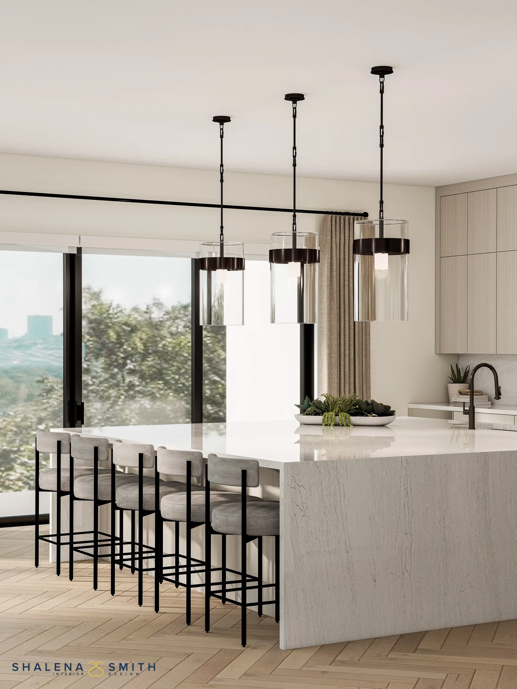 3D rendering of glass cylinder pendants over a quartzite kitchen island, with a treetop view