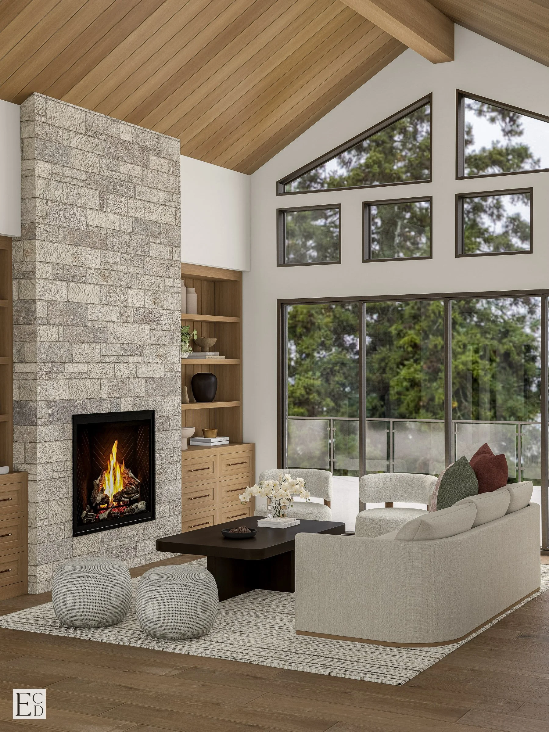 Looking back toward the deck, the window wall pulls the forest into the room and keeps the palette quiet.