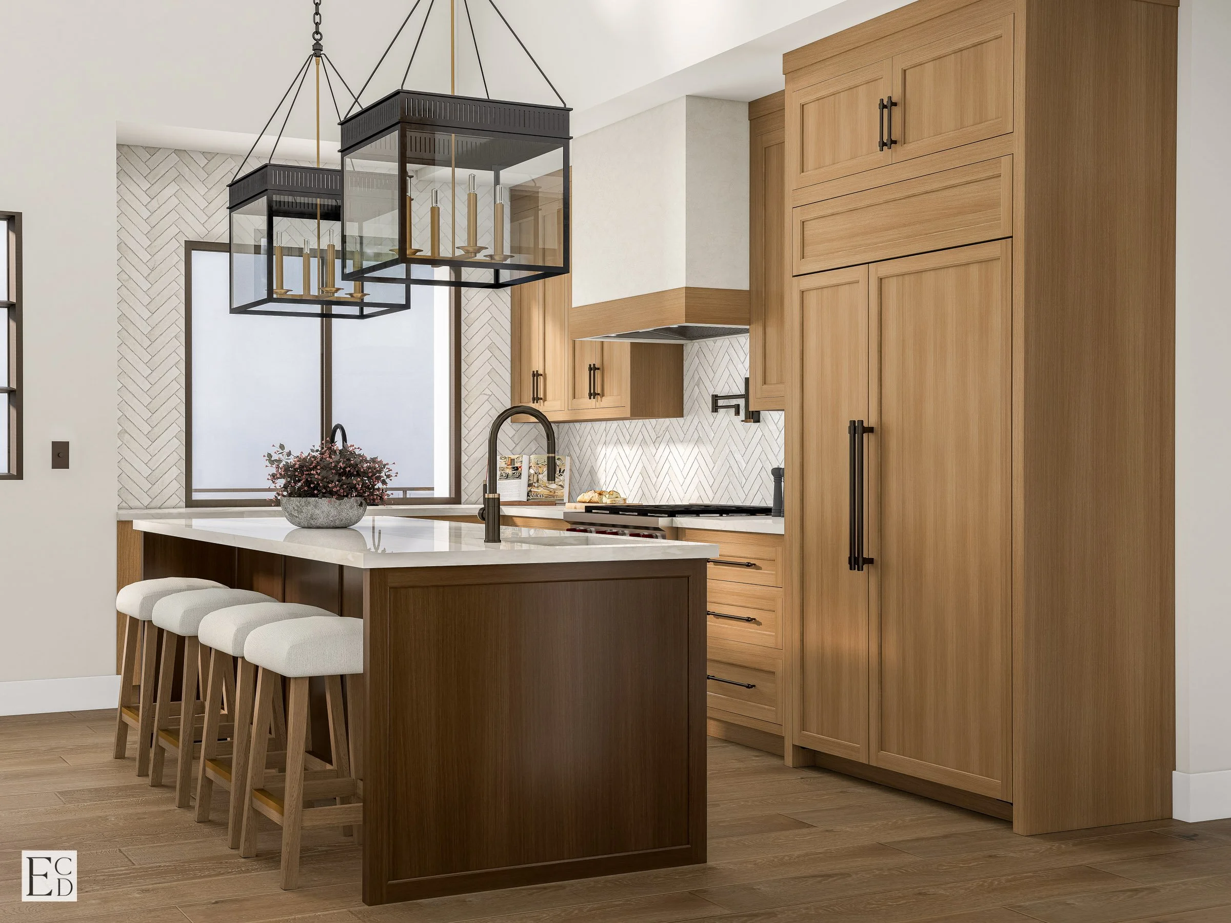 The walnut island grounds the lighter cabinetry, with panel-ready appliances leaving the wall uninterrupted.