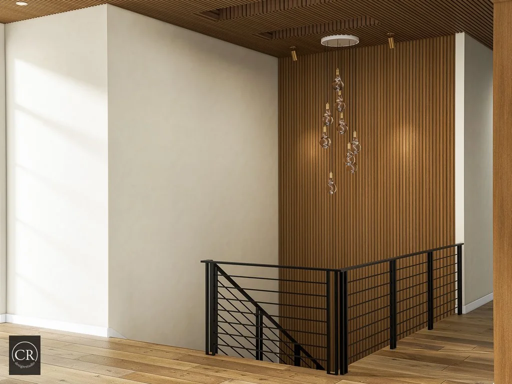 3D rendering of upper stair landing with walnut slat feature wall, pendant chandelier, and natural light