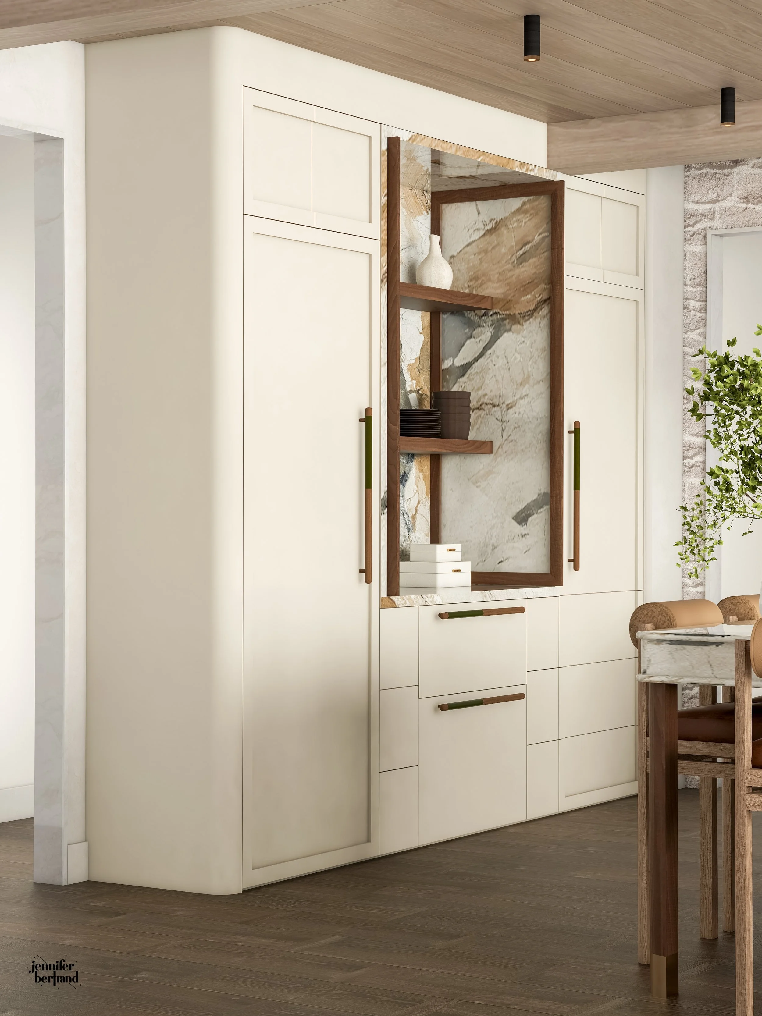 3D rendering of cream cabinetry with a marble display niche and panel-ready appliances in an organic modern kitchen 