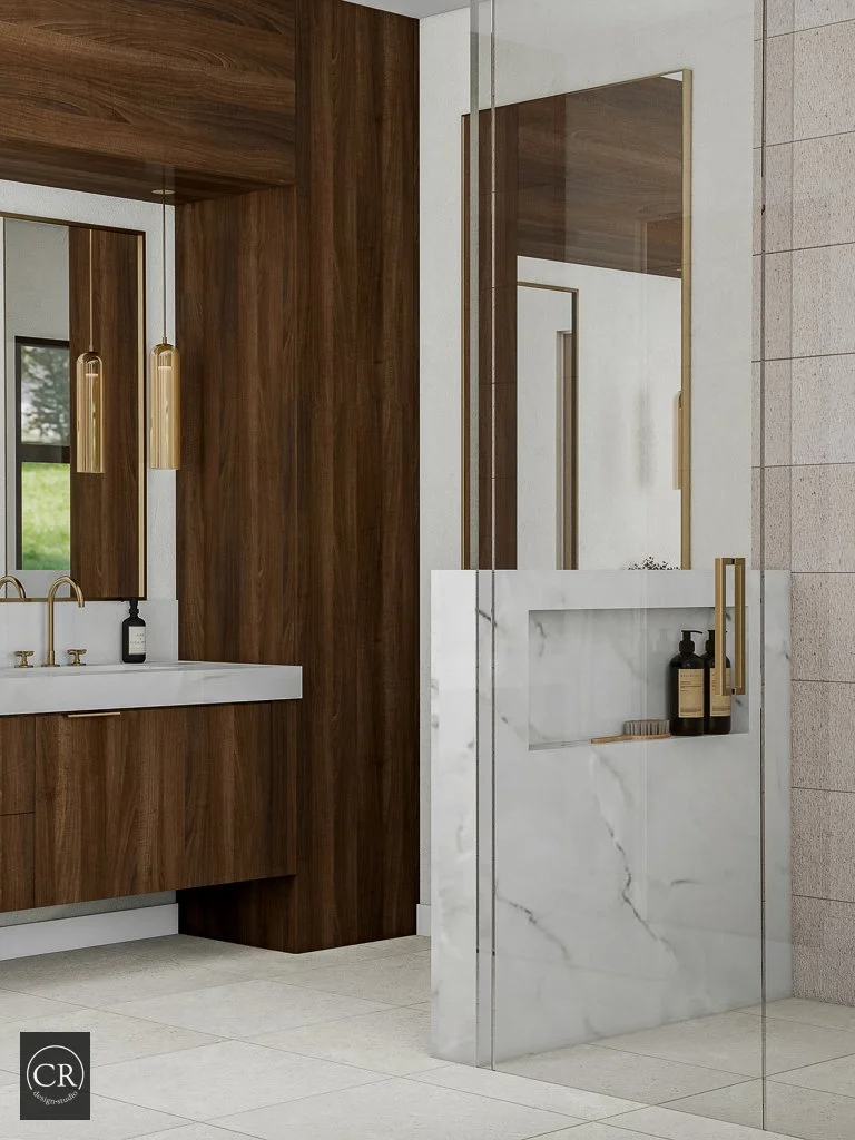 3D primary bathroom rendering with walnut vanity, marble shower partition, and brass pendant lighting