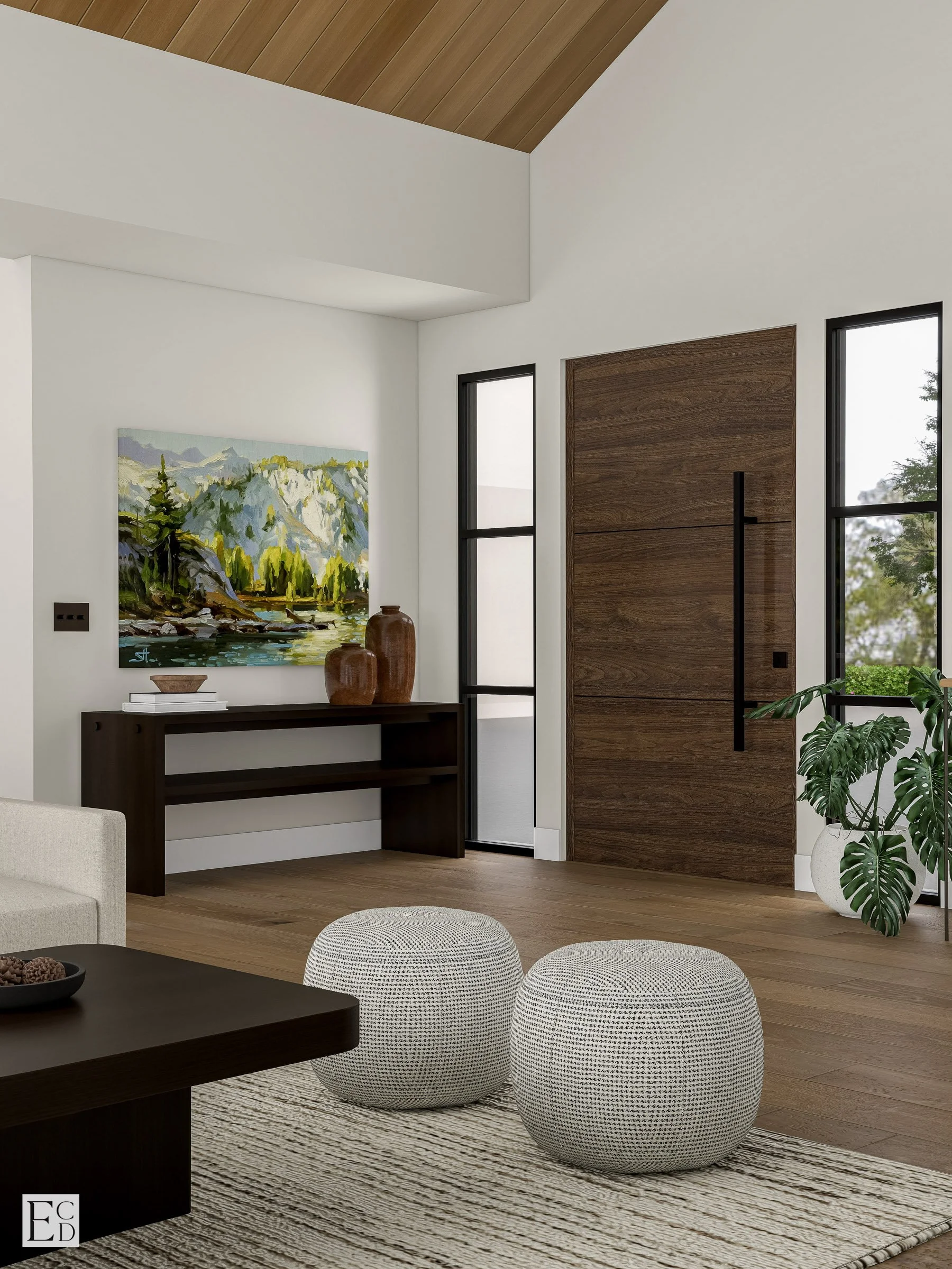 A dark oak console anchors the foyer wall beneath an original mountain landscape, plank ceiling angling overhead.