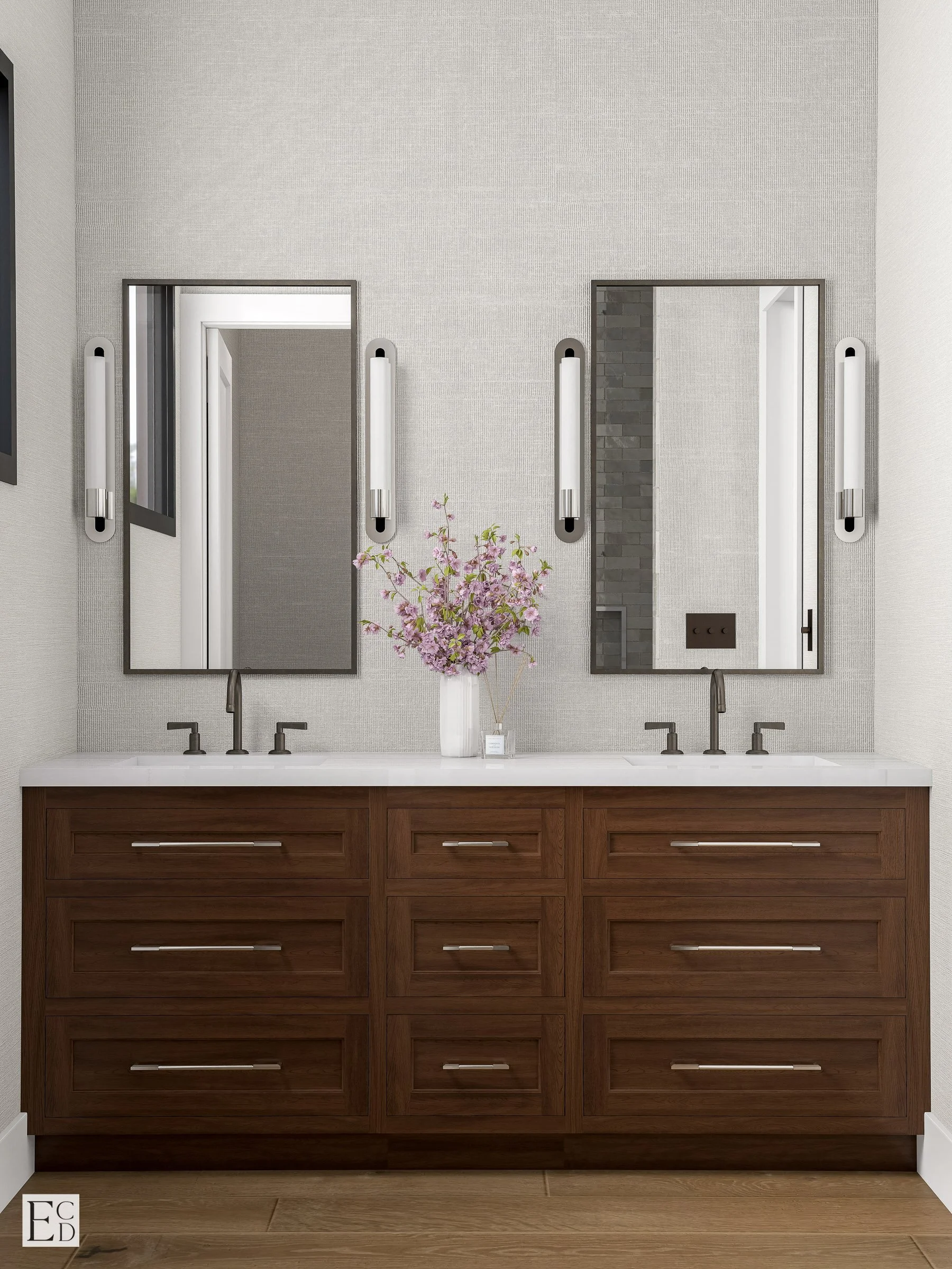 The second lower ensuite repeats the walnut vanity with vertical sconces and twin pivot mirrors.