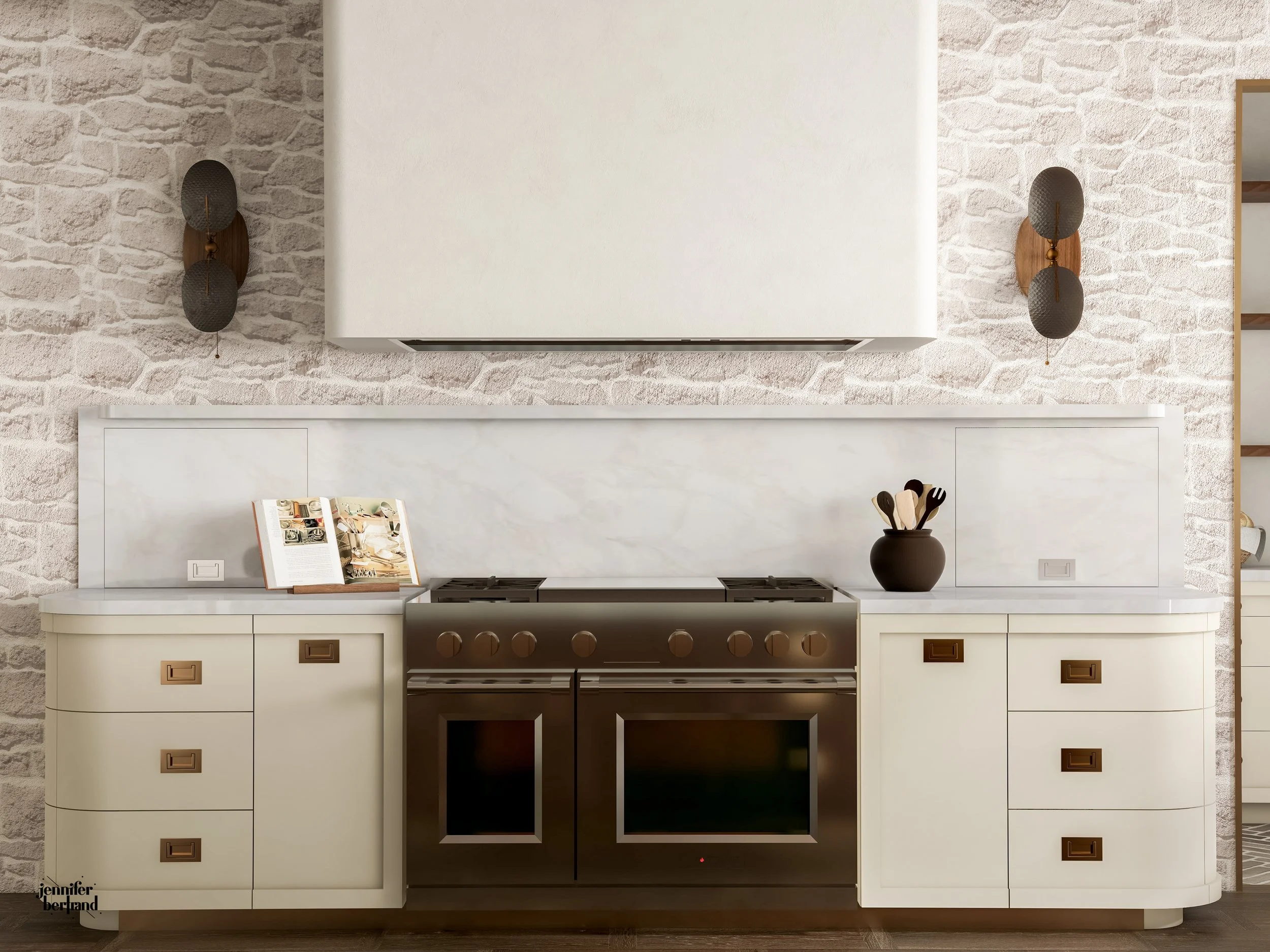 3D rendering of a kitchen range wall with dark range, marble backsplash, and stone accent wall