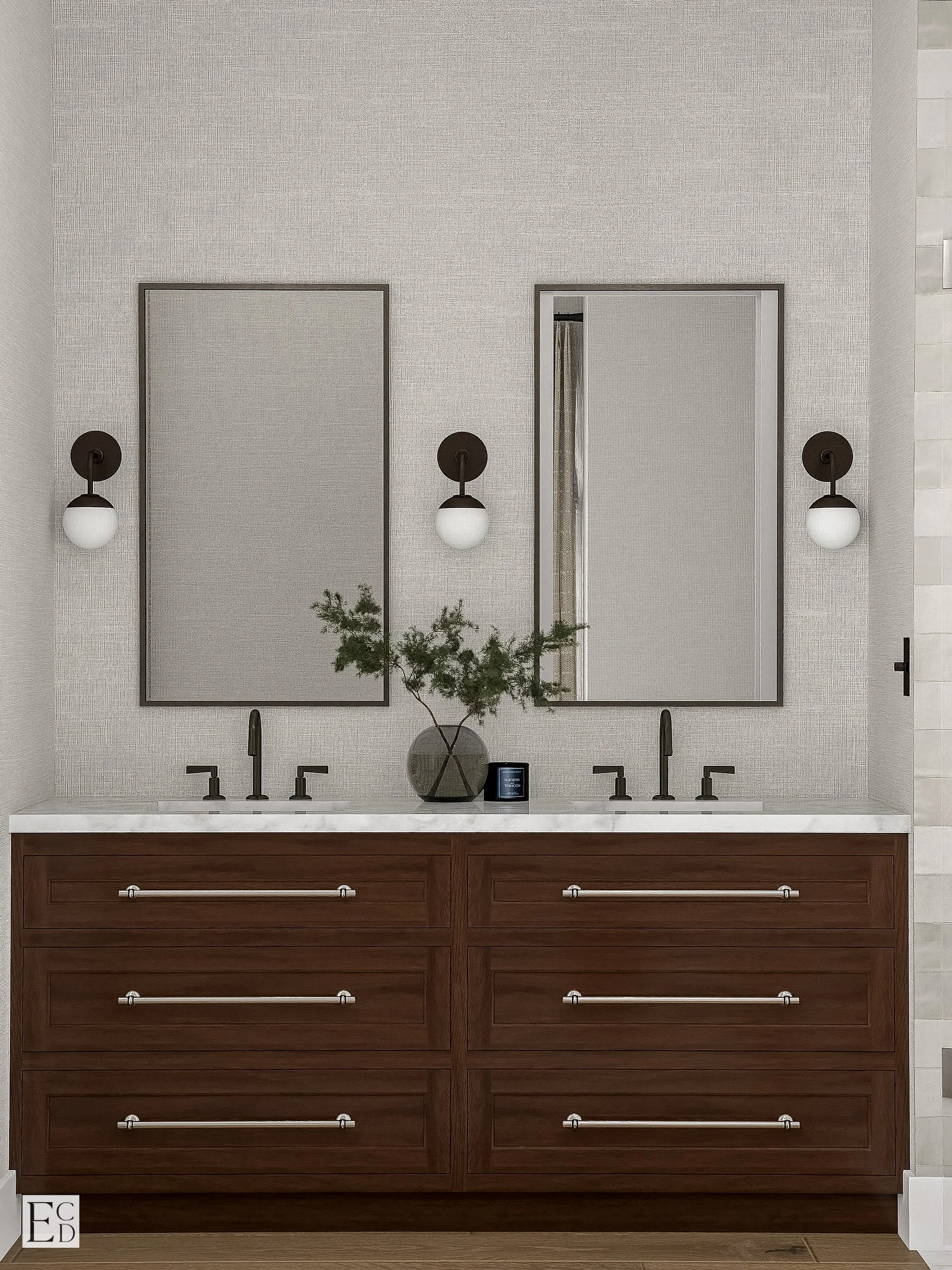 A walnut double vanity with globe sconces and a marble counter serves the first lower guest room.