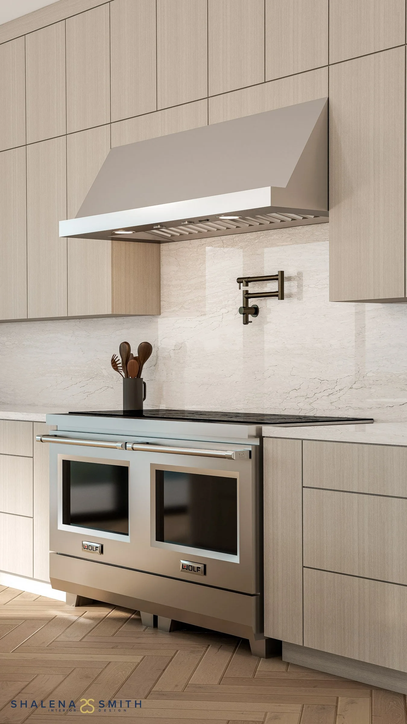 3D rendering of a dual-oven range with a stainless hood, slab backsplash and bronze pot filler