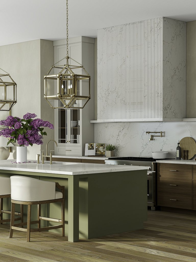 3D kitchen rendering showing island end view with cooktop wall and fluted marble hood